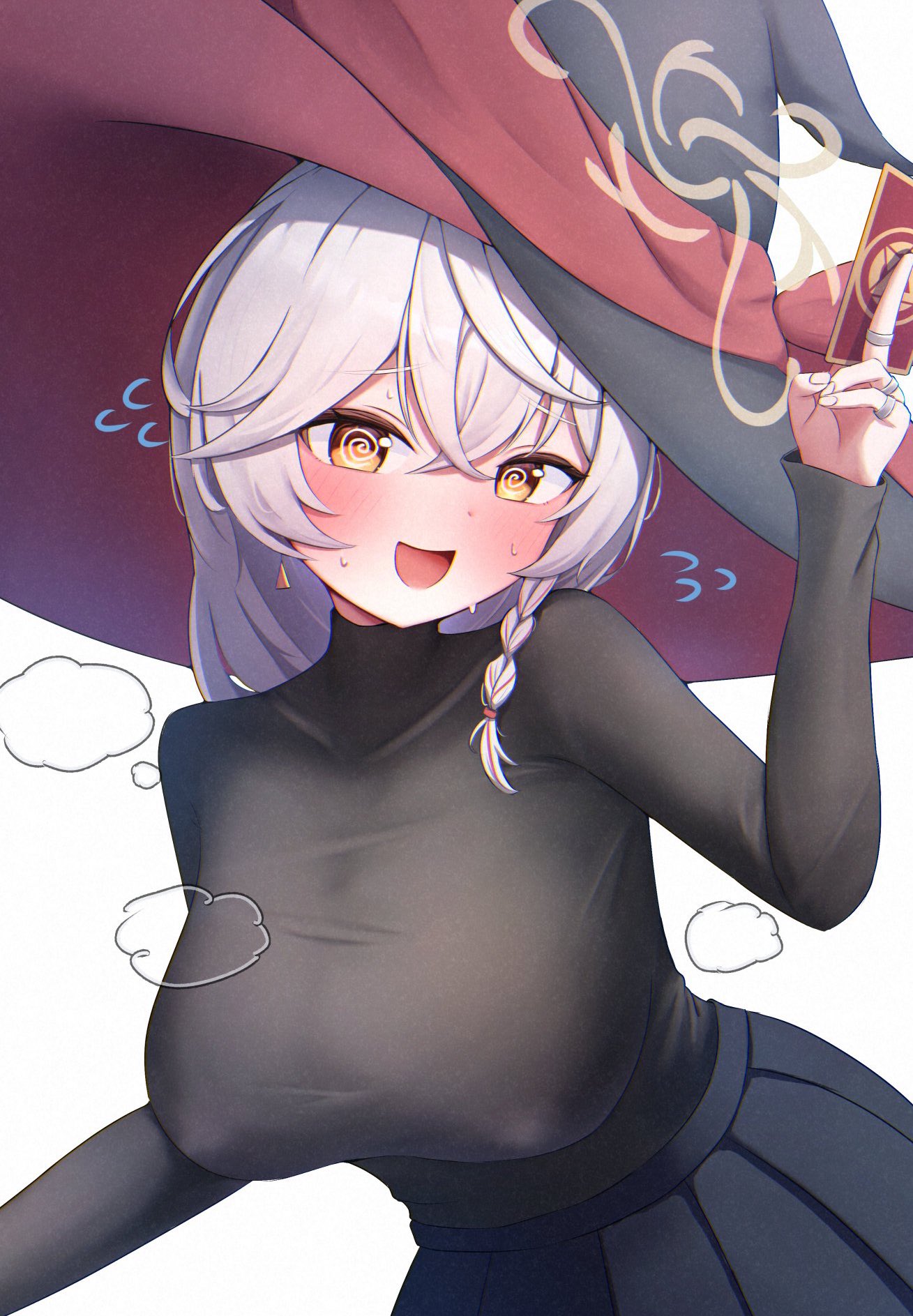 iggy@cafe, eri (blue archive), blue archive, commentary request, highres, 1girl, @ @, black skirt, black sweater, blush, breasts, card, covered erect nipples, earrings, halo, hat, holding, holding card, jewelry, large breasts, long hair, open mouth, simple background, skirt, solo, sweater, turtleneck, turtleneck sweater, white background, white hair, witch hat, yellow eyes, yellow halo
