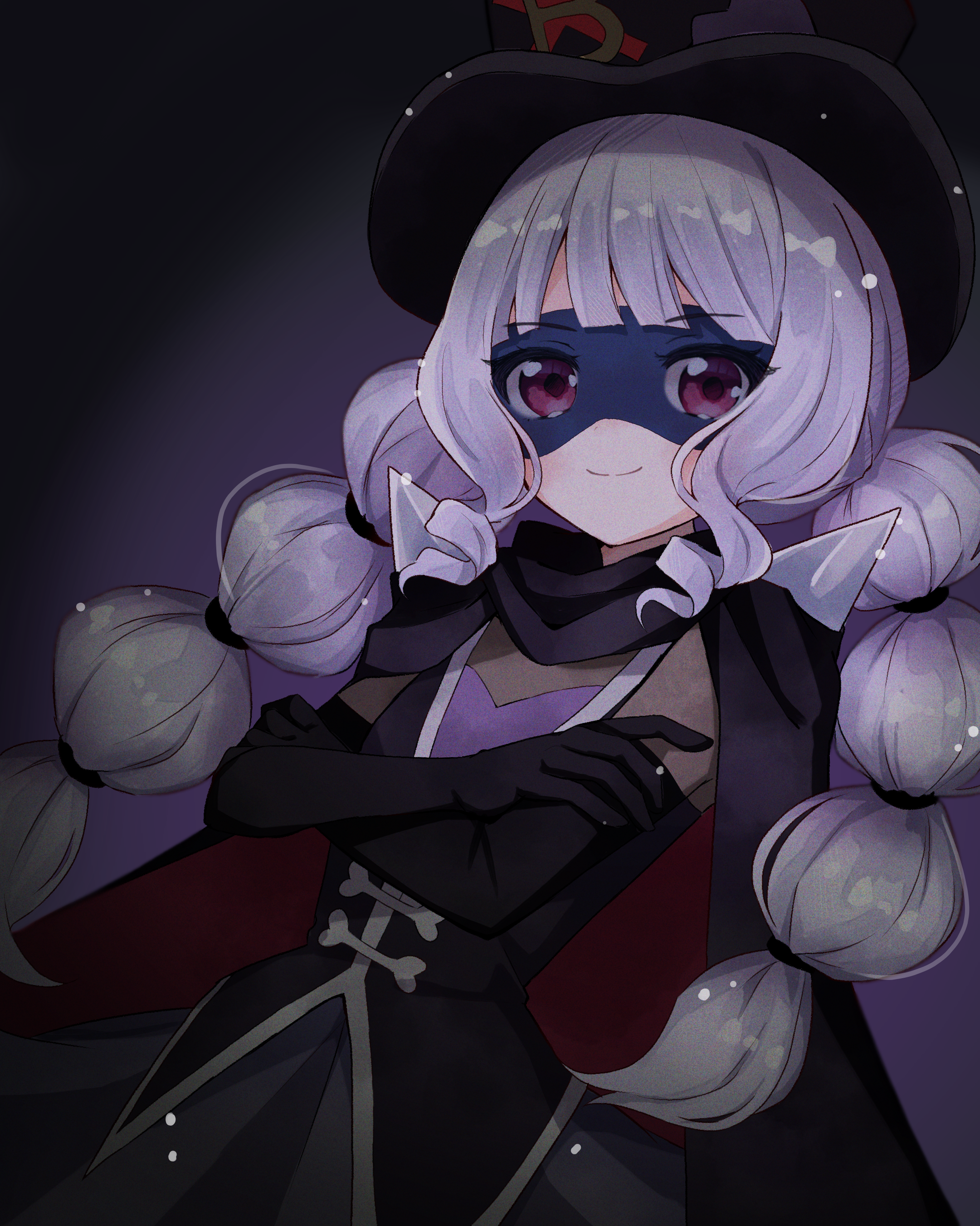 gentlu (precure), kasai amane, delicious party precure, precure, absurdres, highres, 1girl, black cape, black gloves, black hat, black mask, black skirt, black vest, bodysuit, cape, closed mouth, cowboy shot, crossed arms, dark, elbow gloves, eye mask, eyelashes, gloves, grey bodysuit, grey hair, happy, hat, homu (pixiv 61217676), light blush, light particles, long hair, low twintails, miniskirt, multi-tied hair, pleated skirt, purple background, purple eyes, purple tube top, red cape, shoulder spikes, skirt, smile, solo, spikes, standing, strapless, top hat, tube top, twintails, two-sided cape, two-sided fabric, very long hair, vest