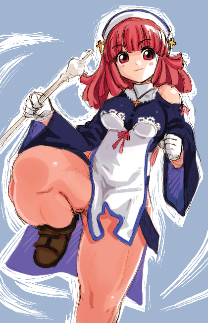 prier, la pucelle, nippon ichi, gloves, hip focus, pantyhose, red hair, solo, thighs, wide hips