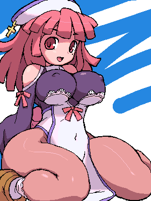 prier, la pucelle, nippon ichi, lowres, breasts, covered erect nipples, curvy, hip focus, huge breasts, oekaki, pantyhose, red hair, sketch, solo, thighs, wide hips