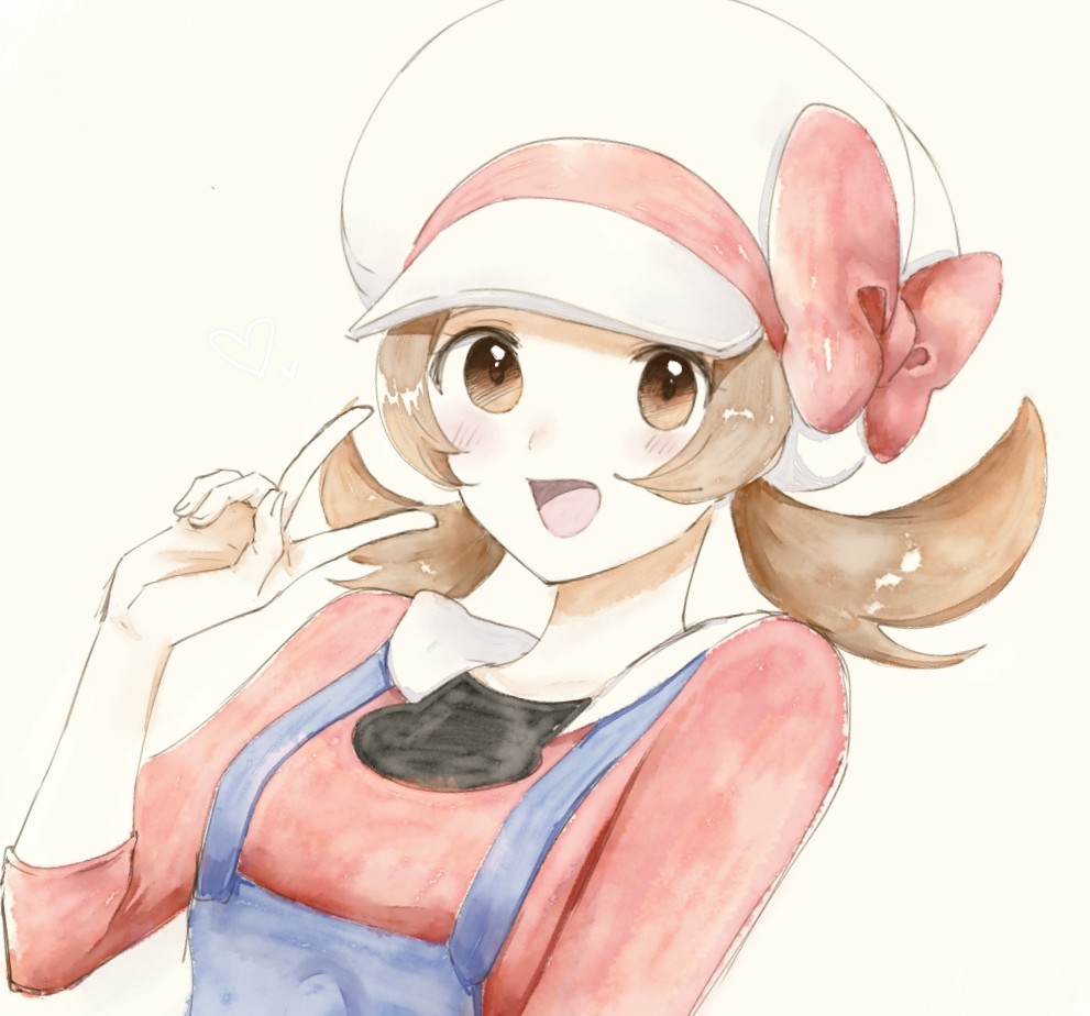 asuka rkgk, lyra (pokemon), nintendo, pokemon, pokemon hgss, 1girl, :d, blue overalls, bow, brown eyes, brown hair, hat, hat bow, looking at viewer, newsboy cap, open mouth, overalls, red bow, red shirt, shirt, simple background, smile, solo, three-quarter sleeves, twintails, upper body, v, white background, white hat