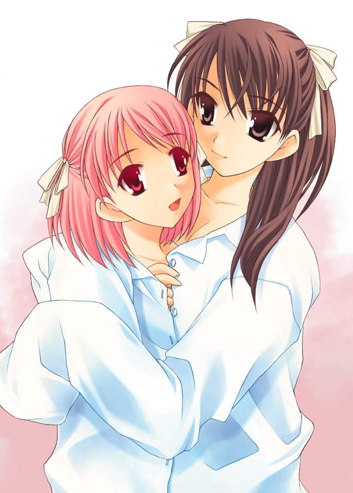 matsunaga sara, yagami coco, 5pb., ever 17, game cg, 2girls, brown hair, dress shirt, gradient background, hug, multiple girls, pink hair, ribbon, shirt, twintails