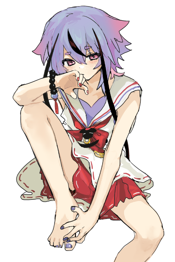 sanotsuki (mochi0101 831), meika mikoto, vocaloid, 1girl, barefoot, bead bracelet, beads, blush, bow, bowtie, bracelet, closed mouth, foot out of frame, invisible chair, jewelry, long hair, multicolored hair, multicolored nails, pink eyes, purple hair, purple nails, red nails, red skirt, sailor collar, shirt, simple background, sitting, skirt, sleeveless, sleeveless shirt, solo, streaked hair, toes, white background, white shirt