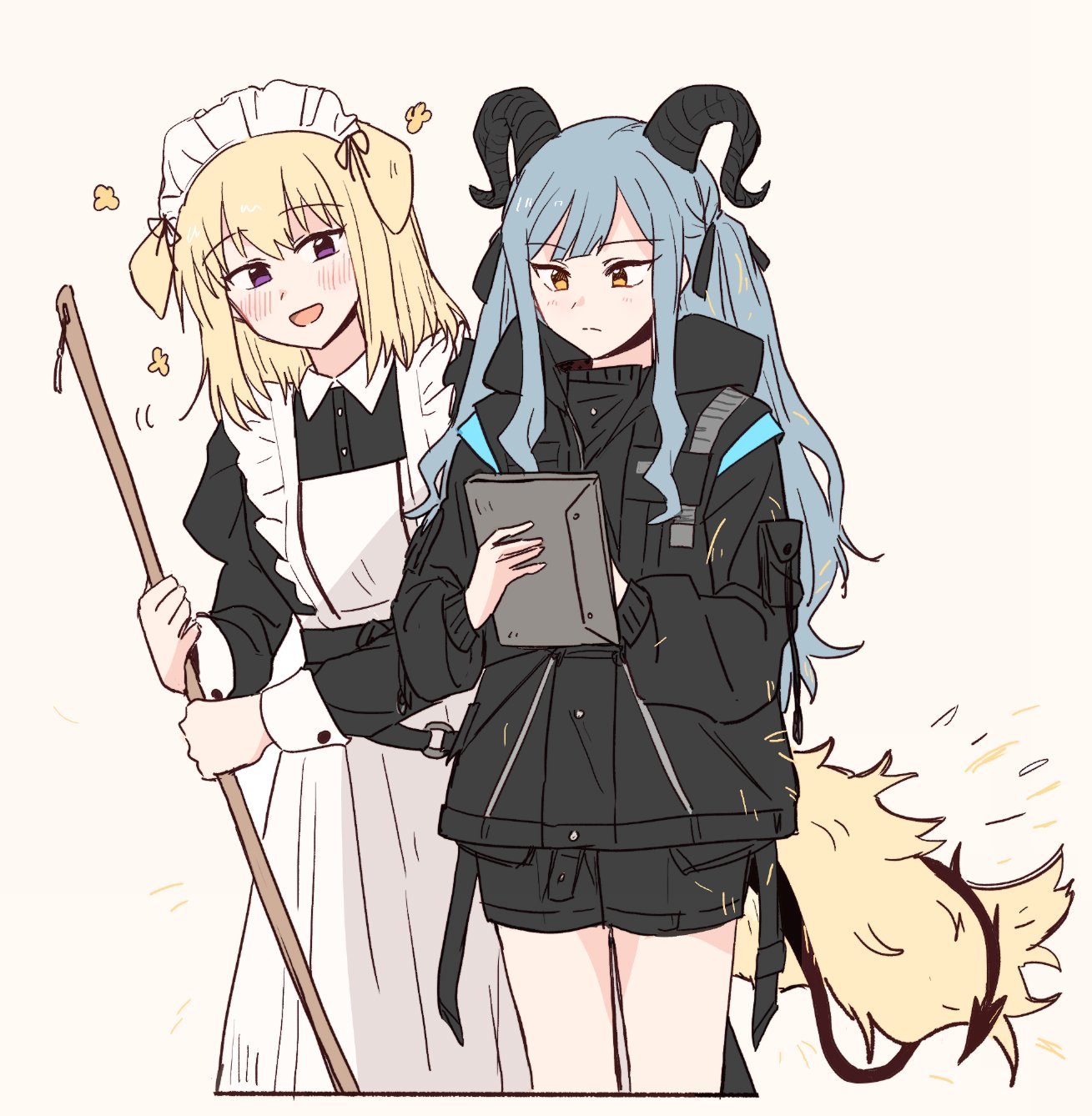 yrk ev, misumi uika, togawa sakiko, arknights, bang dream!, bang dream! it's mygo!!!!!, commentary, highres, 2girls, animal ears, black dress, black jacket, black shorts, blonde hair, blue hair, closed mouth, dog ears, dog girl, dog tail, dress, horns, intertwined tails, jacket, long hair, maid, maid headdress, medium hair, misumi uika (caged singer), multiple girls, purple eyes, shorts, sidelocks, simple background, tail, togawa sakiko (master of melodia), white background, yellow eyes, yuri