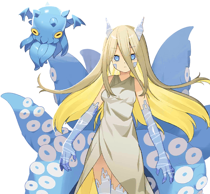 cthulhu, kyuubi (monster farm), line: monster farm, monster farm, official art, 1girl, blue eyes, dress, hasta (monster farm), horns, liquid body, long hair, multicolored hair, octopus, squid girl, tentacles