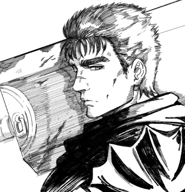 shaolong, guts (berserk), berserk, commentary, 1boy, armor, closed mouth, frown, lips, looking at viewer, male focus, mature male, monochrome, nose, over shoulder, profile, scar, scar on face, scar on nose, short hair, simple background, solo, spiked hair, sword, sword over shoulder, thick eyebrows, upper body, weapon, weapon over shoulder, white background
