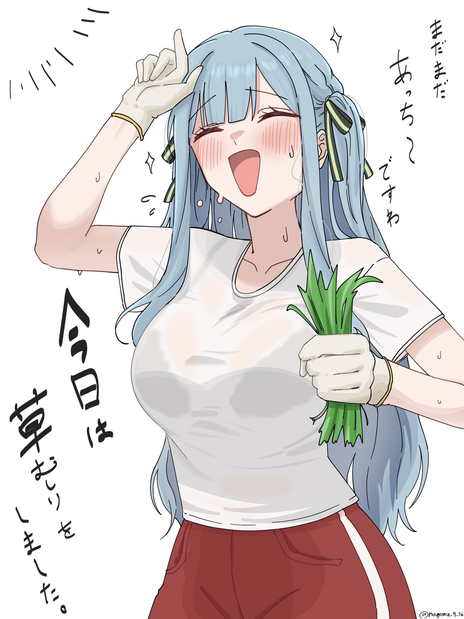 nagomu 7 56, togawa sakiko, bang dream!, bang dream! it's mygo!!!!!, commentary, highres, symbol-only commentary, translation request, 1girl, black ribbon, blue hair, blush, closed eyes, gloves, hair ribbon, holding grass, long hair, open mouth, red shorts, ribbon, see-through clothes, see-through shirt, shirt, short sleeves, shorts, simple background, smile, solo, sweat, two side up, white background, white gloves, white shirt