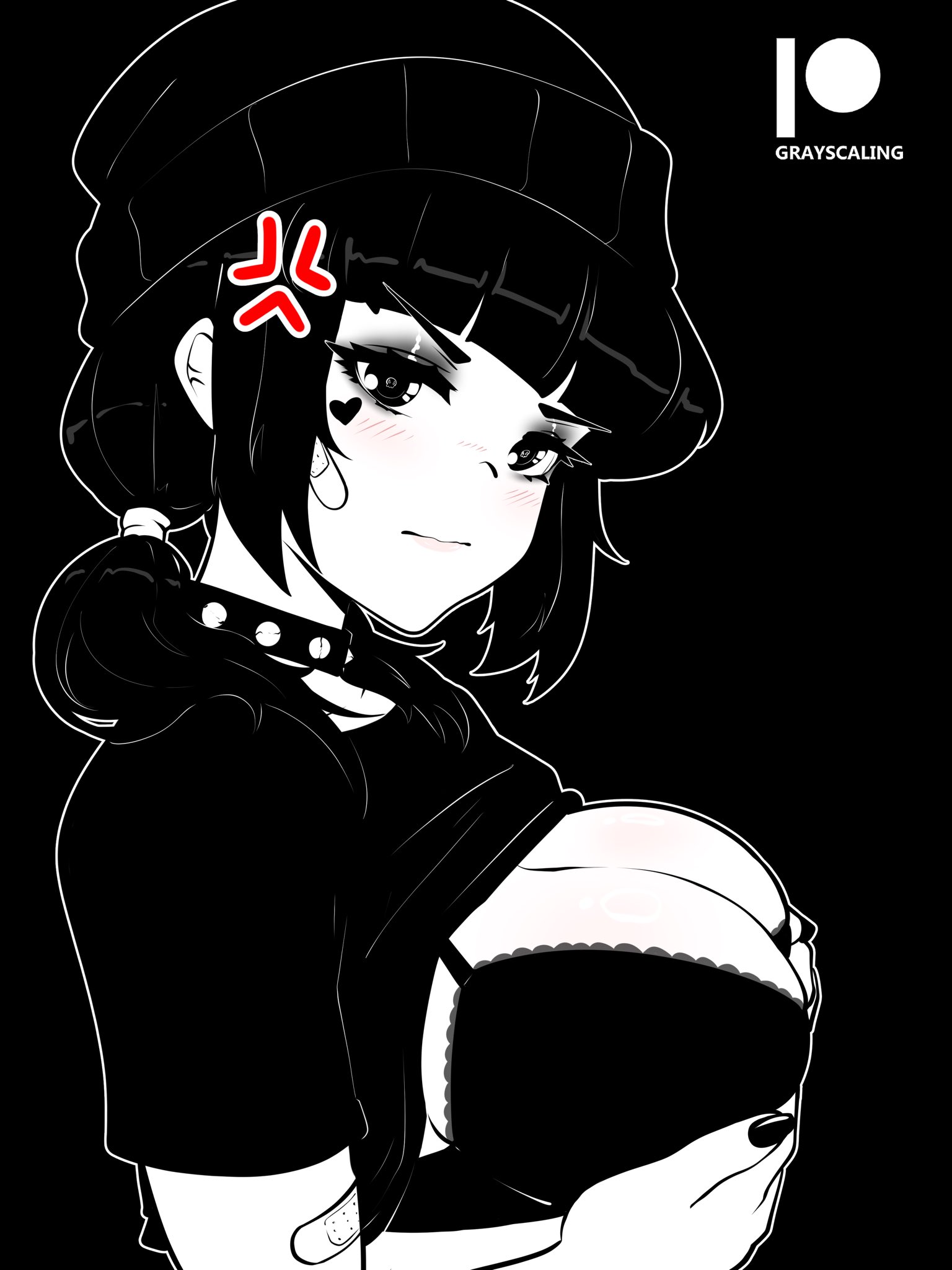 gray scaling, original, commentary, english commentary, highres, 1girl, anger vein, bandaid, bandaid on arm, bra, breasts, cleavage, closed mouth, clothes lift, from side, grabbing own breast, greyscale, hat, heart, large breasts, lifting own clothes, light blush, looking at viewer, medium hair, monochrome, patreon logo, patreon username, shirt, shirt lift, short sleeves, solo, underwear, upper body