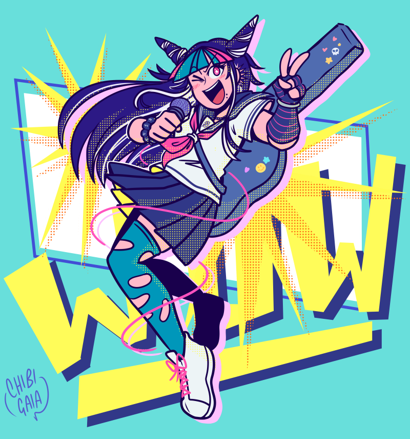 chibigaia, mioda ibuki, danganronpa (series), danganronpa 2: goodbye despair, commentary, english commentary, > o, + +, 1girl, aqua thighhighs, artist name, black hair, black sailor collar, black skirt, blue hair, blue streaks, blush, cable, collared shirt, ear piercing, elbow gloves, face piercing, fingerless gloves, full body, gloves, guitar case, hair horns, holding, holding microphone, instrument case, long hair, microphone, mouth piercing, multicolored hair, neckerchief, one eye closed, open mouth, piercing, pink hair, pink neckerchief, pink streaks, sailor collar, school uniform, scrunchie, serafuku, shirt, shoelaces, shoes, short sleeves, single elbow glove, single fingerless glove, single glove, skirt, smile, solo, streaked hair, teeth, thighhighs, torn clothes, torn thighhighs, upper teeth only, v, white hair, white shirt, white shoes, wrist scrunchie
