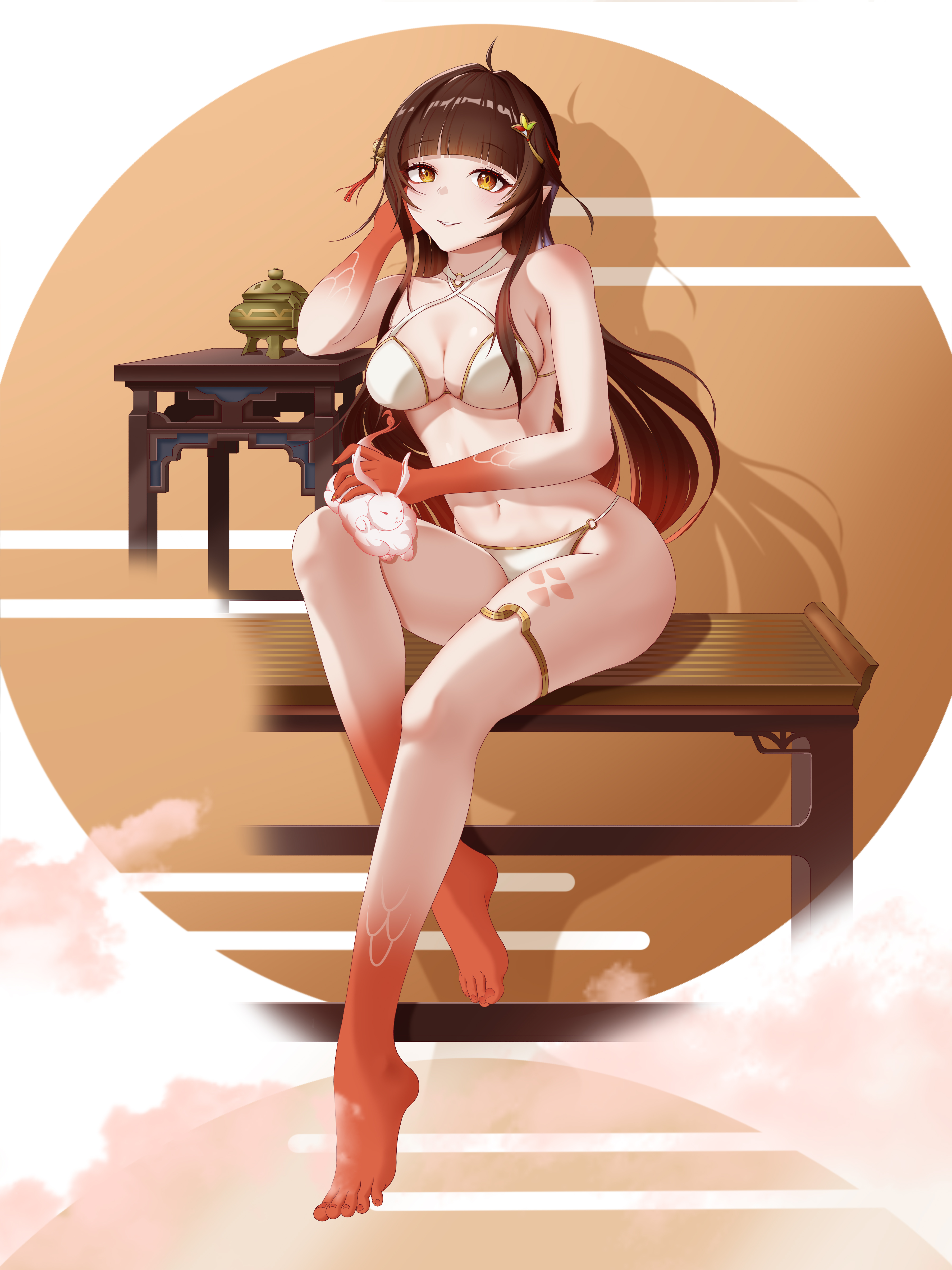 hk42052, fuyuan (honkai: star rail), lingsha (honkai: star rail), honkai: star rail, honkai (series), absurdres, highres, 1girl, ahoge, barefoot, bikini, breasts, brown hair, cleavage, colored extremities, feet, full body, incense burner, large breasts, long hair, navel, orange eyes, parted lips, pointy ears, red hands, sitting, stomach, swimsuit, thigh strap, thighs, toes, very long hair, white bikini