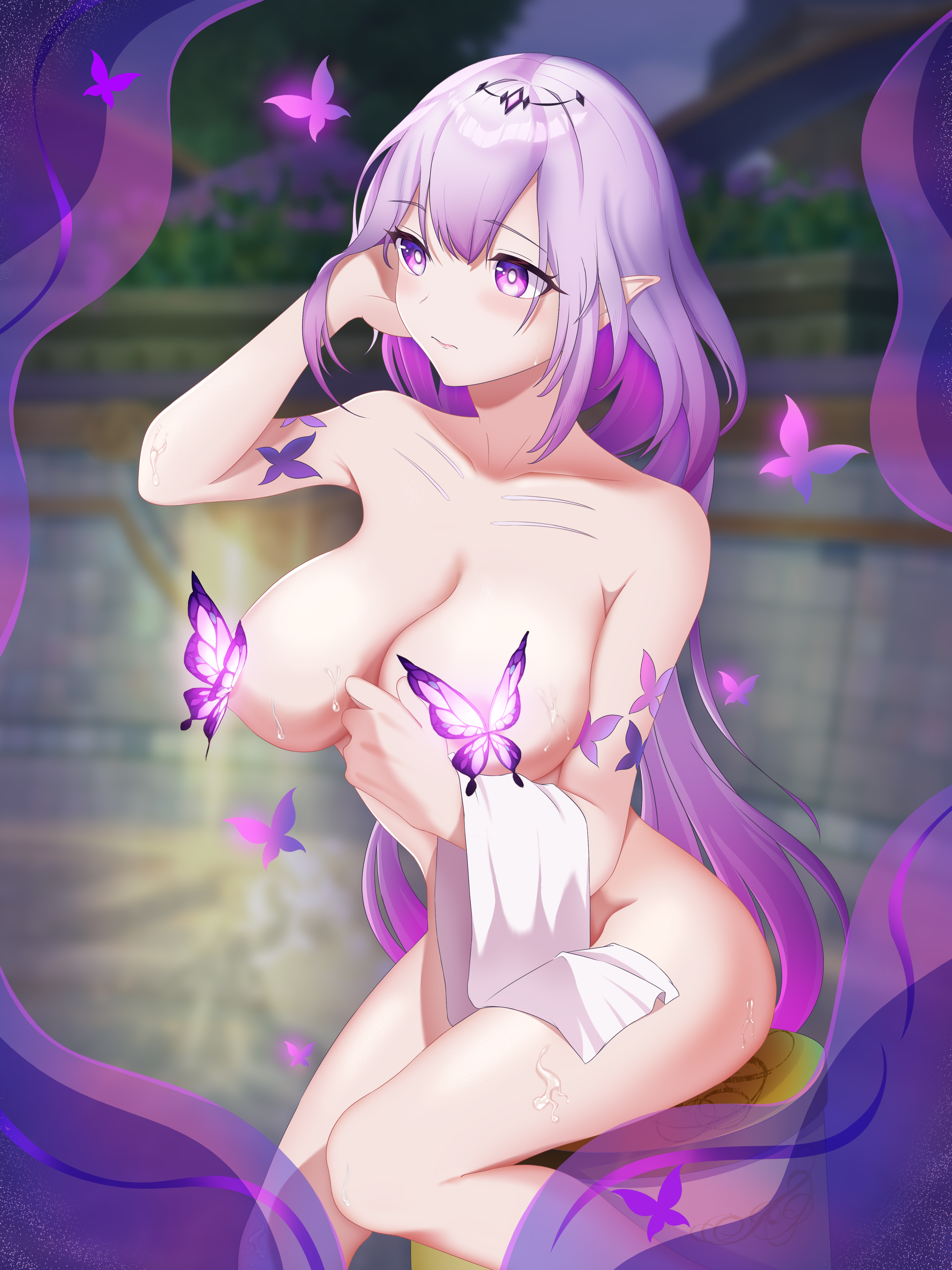 hk42052, castorice (honkai: star rail), honkai: star rail, honkai (series), absurdres, commentary, highres, 1girl, bathhouse, breasts, bug, butterfly, completely nude, convenient censoring, cover, cover page, elf, holding, holding towel, insect, large breasts, long hair, novel cover, nude, pointy ears, purple eyes, purple hair, sitting, solo, tiara, towel, very long hair