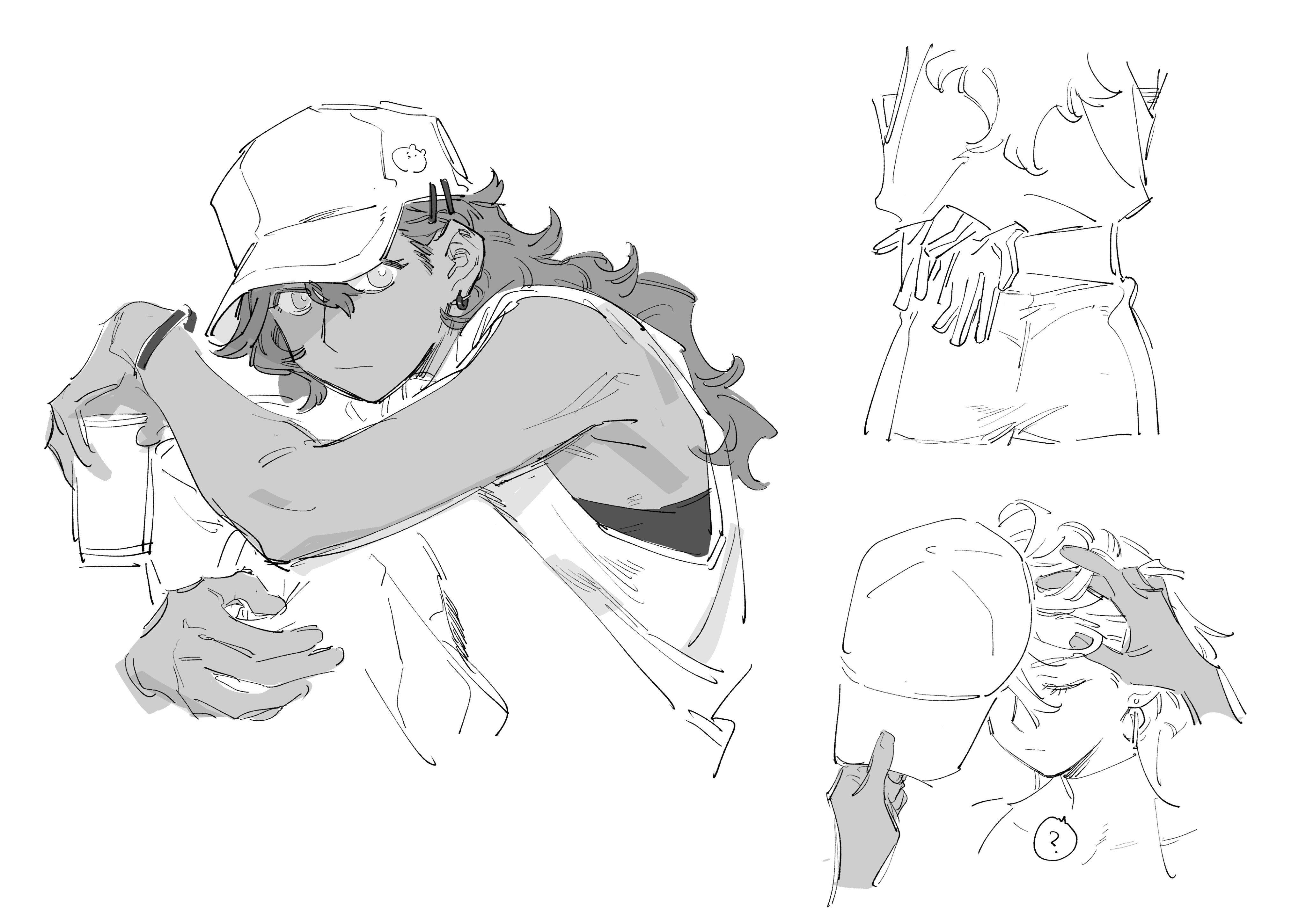 nideaneng, miorine rembran, suletta mercury, gundam, gundam suisei no majo, absurdres, highres, 2girls, brushing another's hair, brushing hair, closed mouth, cowboy shot, dark-skinned female, dark skin, from behind, gloves, greyscale, hat, hugging own legs, long hair, monochrome, multiple girls, portrait, wristband
