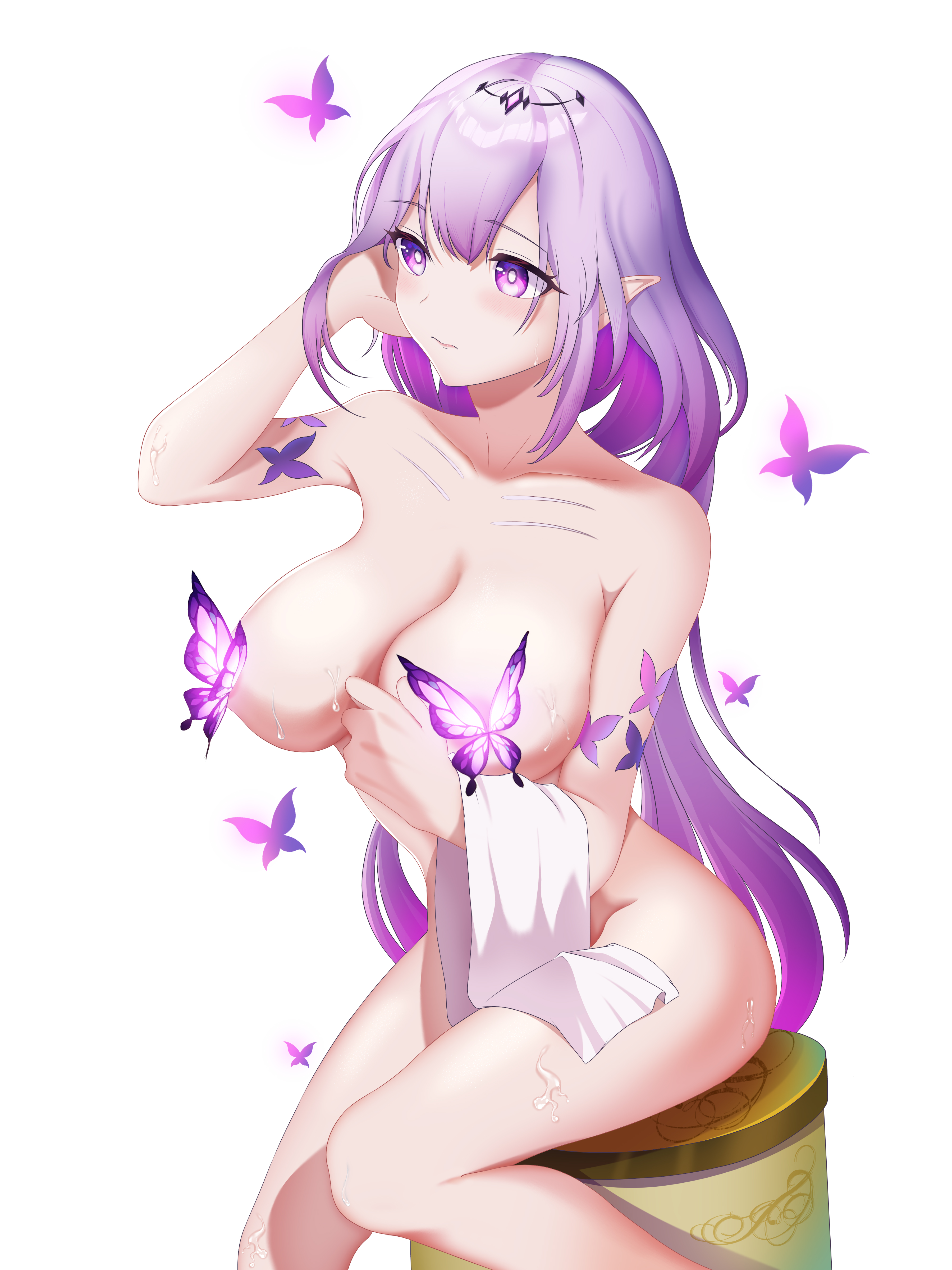 hk42052, castorice (honkai: star rail), honkai: star rail, honkai (series), absurdres, commentary, highres, 1girl, breasts, bug, butterfly, completely nude, elf, holding, holding towel, insect, large breasts, long hair, nude, pointy ears, purple eyes, purple hair, simple background, sitting, solo, tiara, towel, very long hair, white background