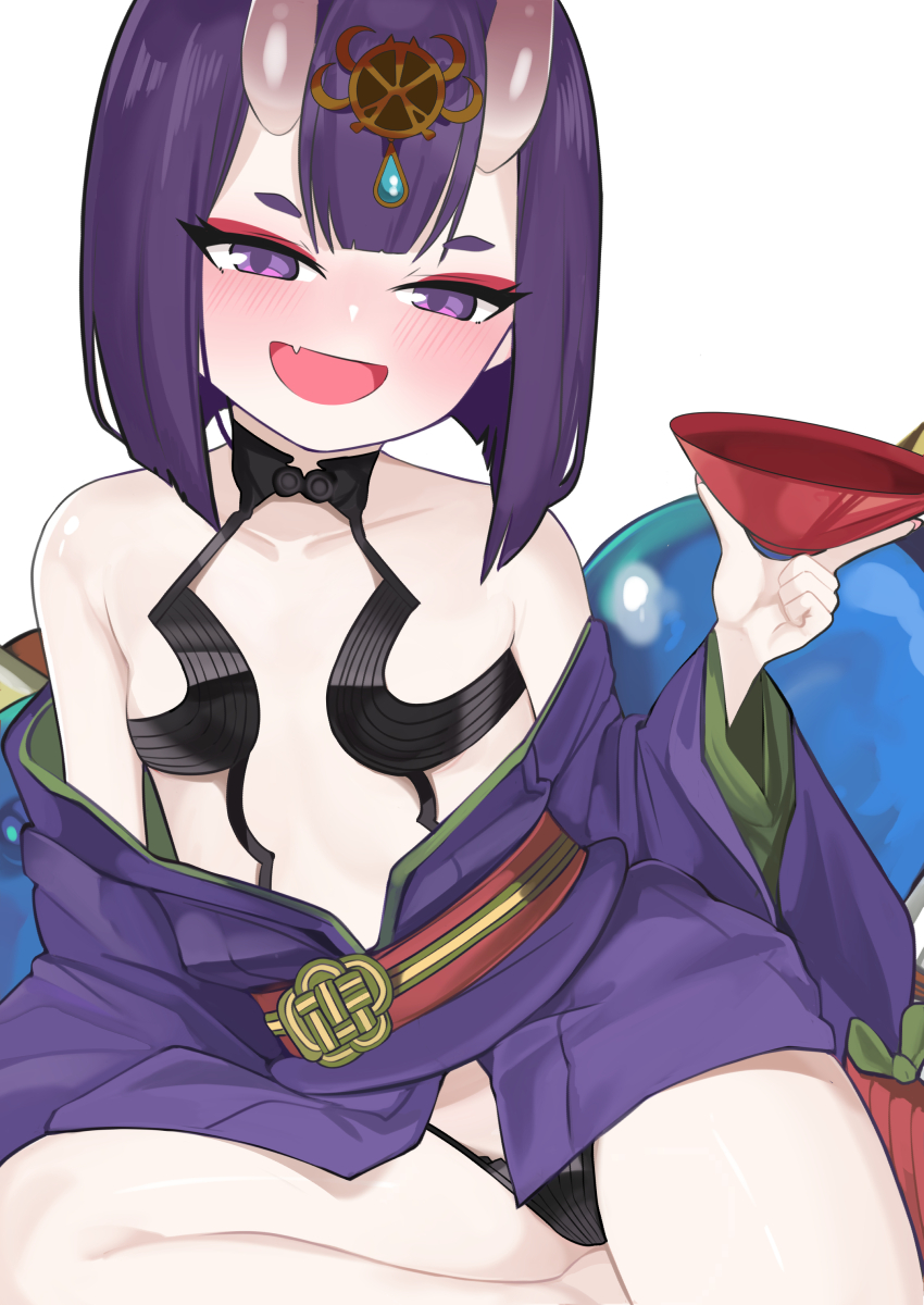 surio, shuten douji (fate), fate/grand order, fate (series), chinese commentary, commentary request, highres, protected link, 1girl, bare shoulders, black panties, cup, fang, flat chest, half-closed eyes, horns, japanese clothes, kimono, looking at viewer, off shoulder, oni, open mouth, panties, purple eyes, purple hair, purple kimono, sakazuki, short hair, simple background, skin fang, solo, topless female, underwear, white background