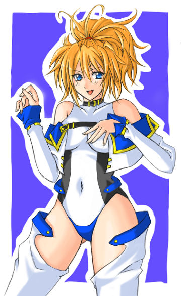 excellen browning, banpresto, super robot wars, blonde hair, blue eyes, detached sleeves, long hair, ponytail, smile, solo, thighhighs