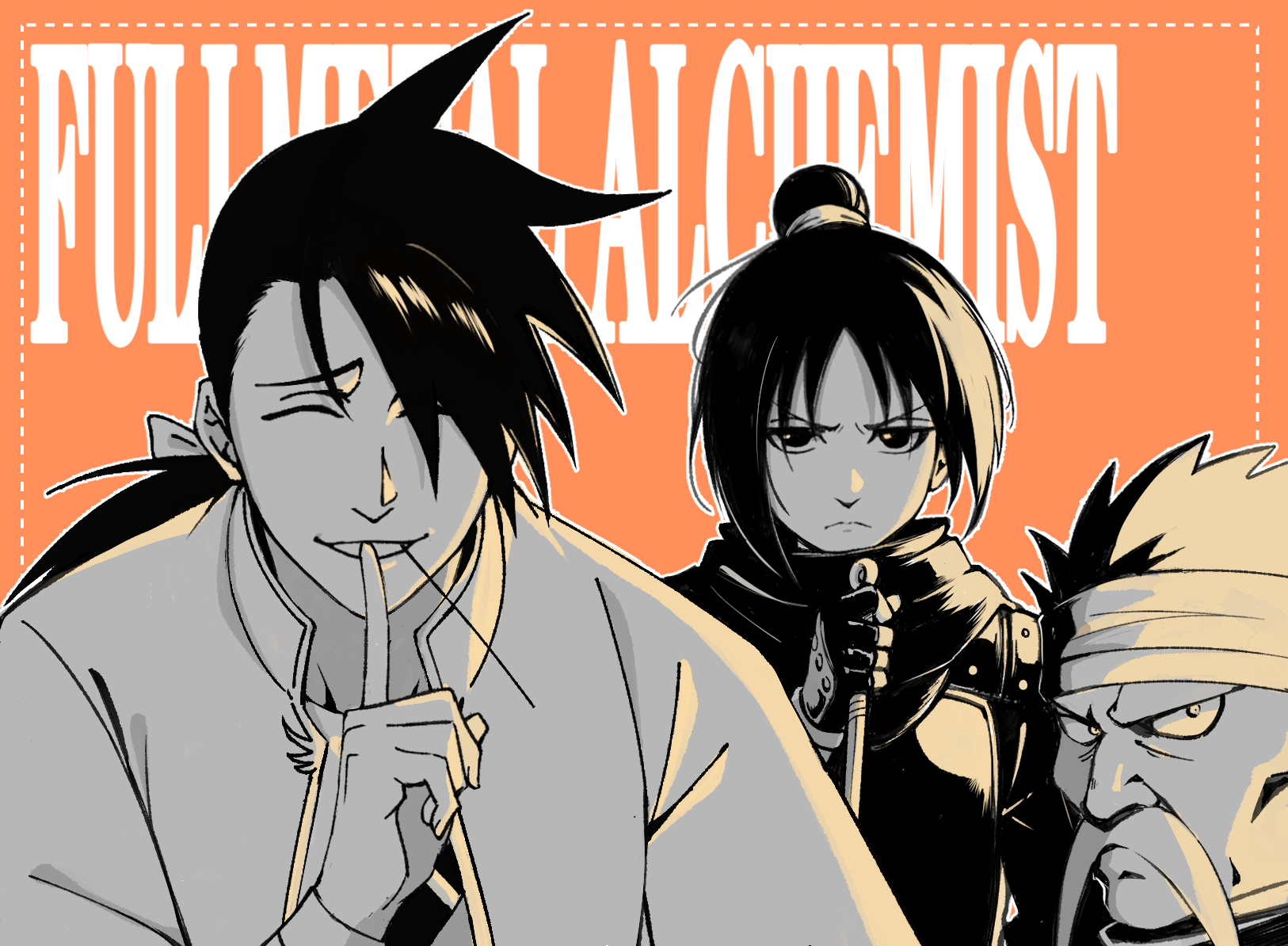 shaolong, fu (fma), lan fan, ling yao, fullmetal alchemist, chinese commentary, commentary request, highres, >:(, 1girl, 2boys, ^ ^, black eyes, black hair, closed eyes, closed mouth, copyright name, facial hair, facing viewer, finger to mouth, fingerless gloves, frown, furrowed brow, gloves, greyscale with colored background, hair between eyes, hair bun, hand up, holding, holding knife, index finger raised, knife, long hair, looking at viewer, low ponytail, multiple boys, mustache, nose, old, old man, orange background, parted lips, ponytail, scarf, serious, short hair, shushing, sidelocks, simple background, single hair bun, smile, spiked hair, split mouth, upper body, v-shaped eyebrows