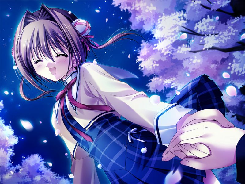 tanihara natsuki, asakura yume, da capo, da capo ii, ^o^, plaid, game cg, jpeg artifacts, 00s, 1girl, ^ ^, blush, brown hair, bun cover, cherry blossoms, closed eyes, cropped jacket, double bun, dutch angle, hair intakes, holding hands, long sleeves, neck ribbon, night, night sky, out of frame, outdoors, outline, petals, ribbon, school uniform, serafuku, sky, solo focus, spring celebration, tree