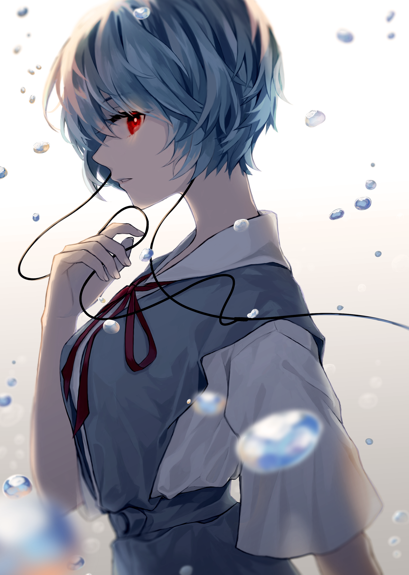 ceru, ayanami rei, neon genesis evangelion, original, highres, 1girl, blue hair, blue shirt, blue skirt, breasts, cable, collared shirt, earbuds, earphones, glowing, glowing eyes, large breasts, looking at viewer, medium breasts, neck ribbon, open mouth, red eyes, red ribbon, ribbon, school uniform, shirt, short hair, skirt, tokyo-3 middle school uniform, undershirt, water, water drop, white background, white shirt, wire