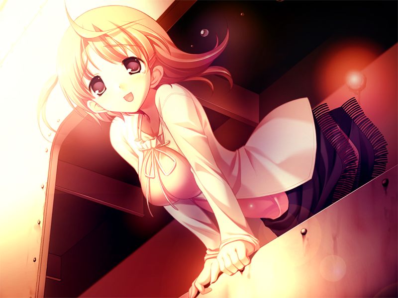 yaegashi nan, tsukishima koko, da capo, da capo ii, eyebrows, vehicle, game cg, 00s, 1girl, :d, arched back, arm support, blonde hair, breasts, brown eyes, ceiling, female focus, floating hair, flying teardrops, frills, fringe trim, glowing, jacket, lamp, layered skirt, leaning forward, lens flare, long hair, long sleeves, open mouth, ribbon, screw, skirt, smile, solo, spring celebration, wind, window