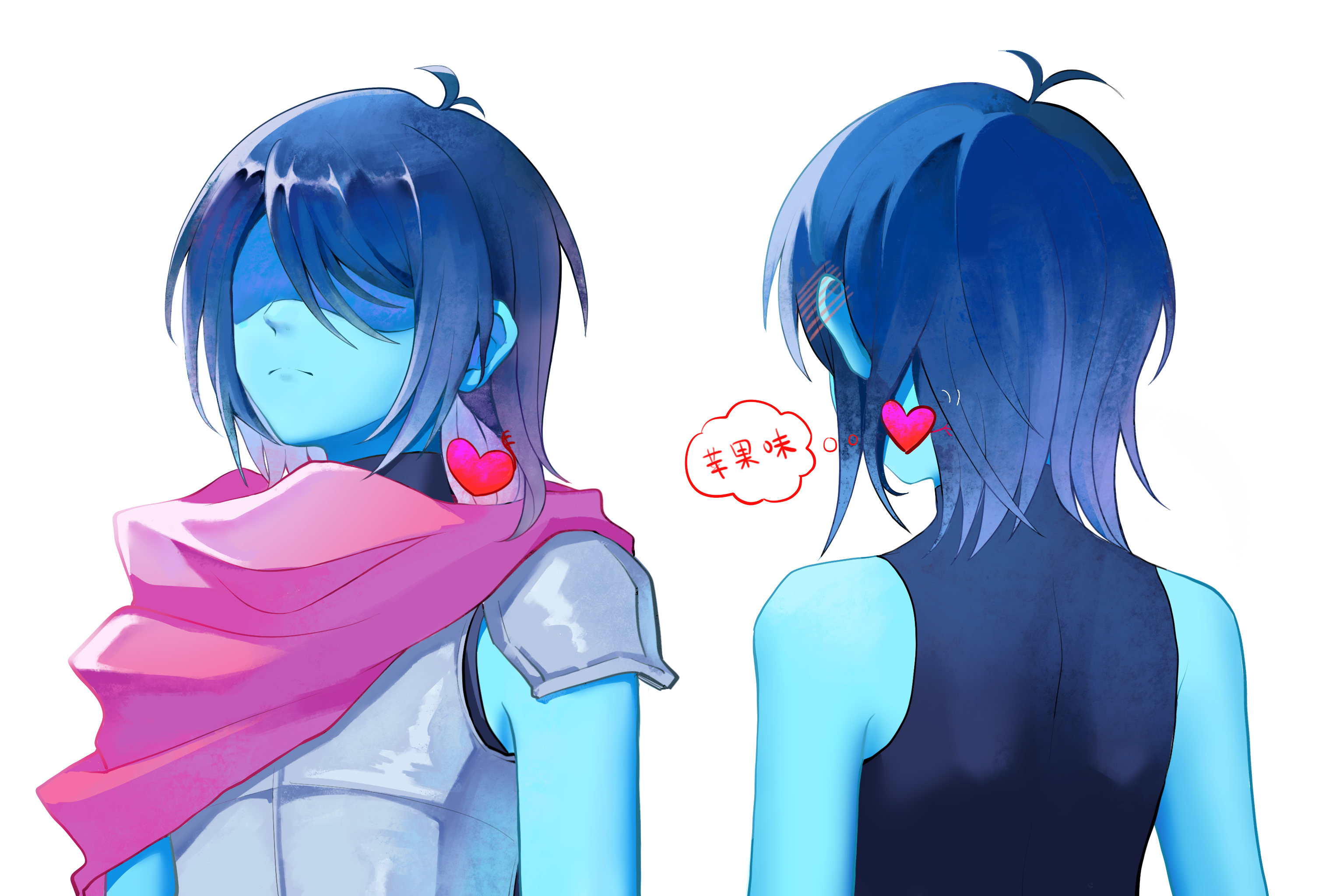 kris (dark world) (deltarune), kris (deltarune), soul (deltarune), deltarune, utdr (toby fox), chinese commentary, commentary, highres, translated, 1other, armor, black bodysuit, blue hair, blue skin, blush, bodysuit, breastplate, cape, chinese text, closed mouth, colored skin, ear blush, heart, medium hair, meki (miki512746), partially shaded face, pink cape, shoulder armor, side cape, sleeveless, sleeveless bodysuit, speech bubble, thought bubble