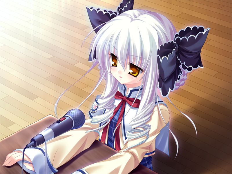 mitsumomo mamu, yukimura anzu, da capo, da capo ii, game cg, 00s, 1girl, female focus, microphone, ribbon, solo, spring celebration