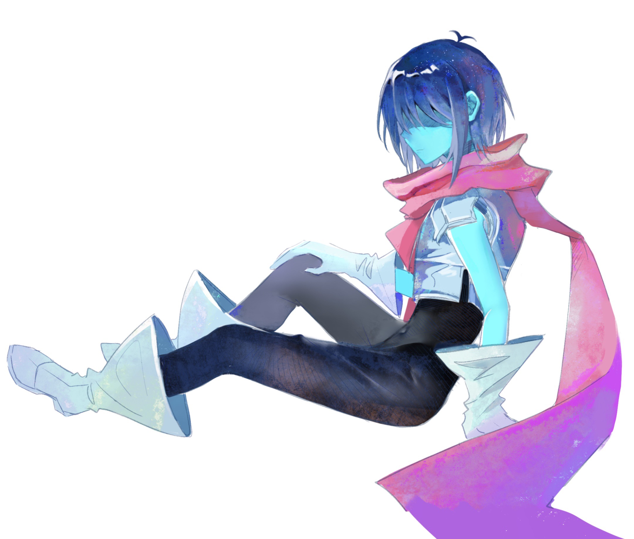 kris (dark world) (deltarune), kris (deltarune), deltarune, utdr (toby fox), commentary, highres, 1other, armor, armored boots, black bodysuit, blue hair, blue skin, bodysuit, boots, breastplate, colored skin, covered navel, from side, full body, gloves, meki (miki512746), other focus, partially shaded face, pink scarf, scarf, simple background, sleeveless, sleeveless bodysuit, white background