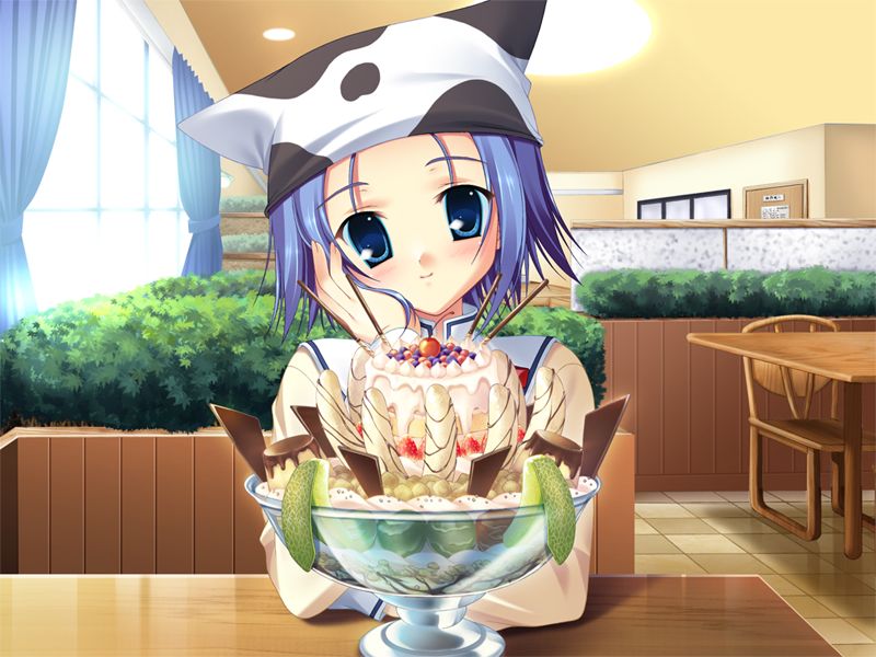 tanihara natsuki, amakase minatsu, da capo, da capo ii, game cg, 00s, 1girl, animal hat, animal print, banana, berry, blue eyes, blue hair, blush, cherry, cow print, dessert, female focus, food, fruit, hat, matching hair/eyes, melon, short hair, solo, spring celebration, strawberry, table, tile floor, tiles