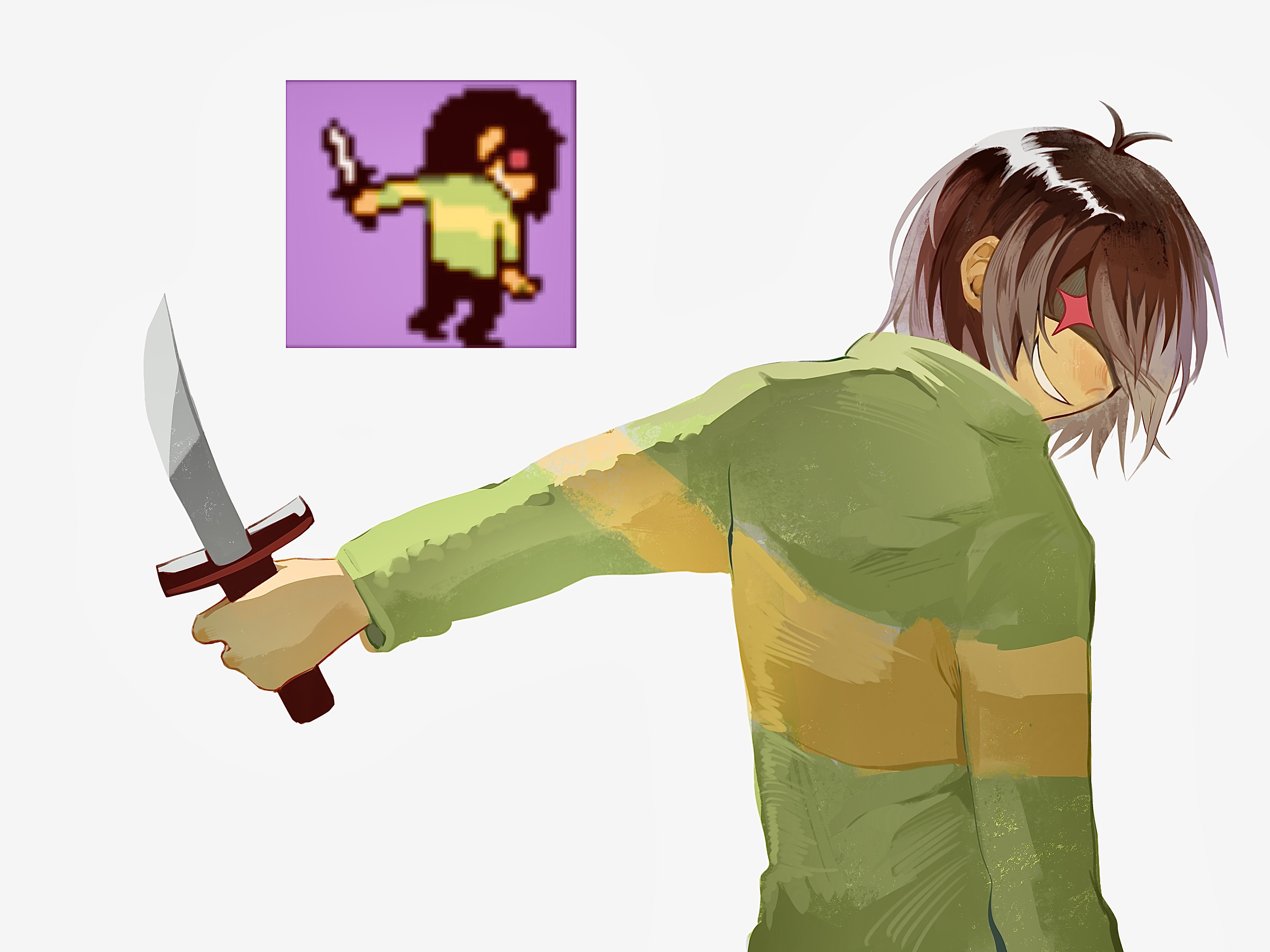 kris (deltarune), deltarune, utdr (toby fox), facing back, absurdres, chinese commentary, commentary request, highres, 1other, brown hair, colored skin, from behind, glowing, glowing eye, green shirt, holding, holding knife, knife, long sleeves, meki (miki512746), other focus, outstretched arm, reference inset, shirt, short hair, single horizontal stripe, smile, striped clothes, striped shirt, yellow skin