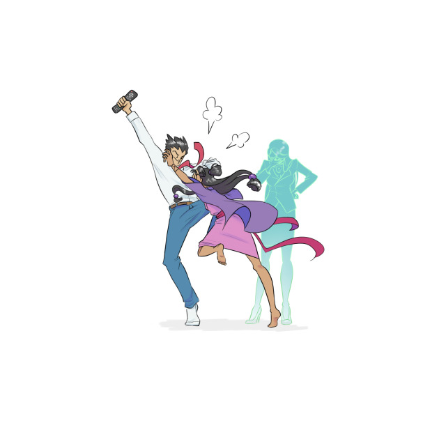 xandrawsthings, maya fey, mia fey, phoenix wright, 1boy, 2girls, controller, holding, holding remote control, multiple girls, remote control, siblings, sisters