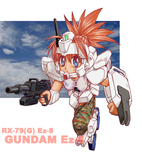 ez-8 gundam, gundam ez8, gundam, gundam 08th ms team, 1girl, female focus, gun, machine gun, mecha musume, red hair, shield, solo, tank top, weapon