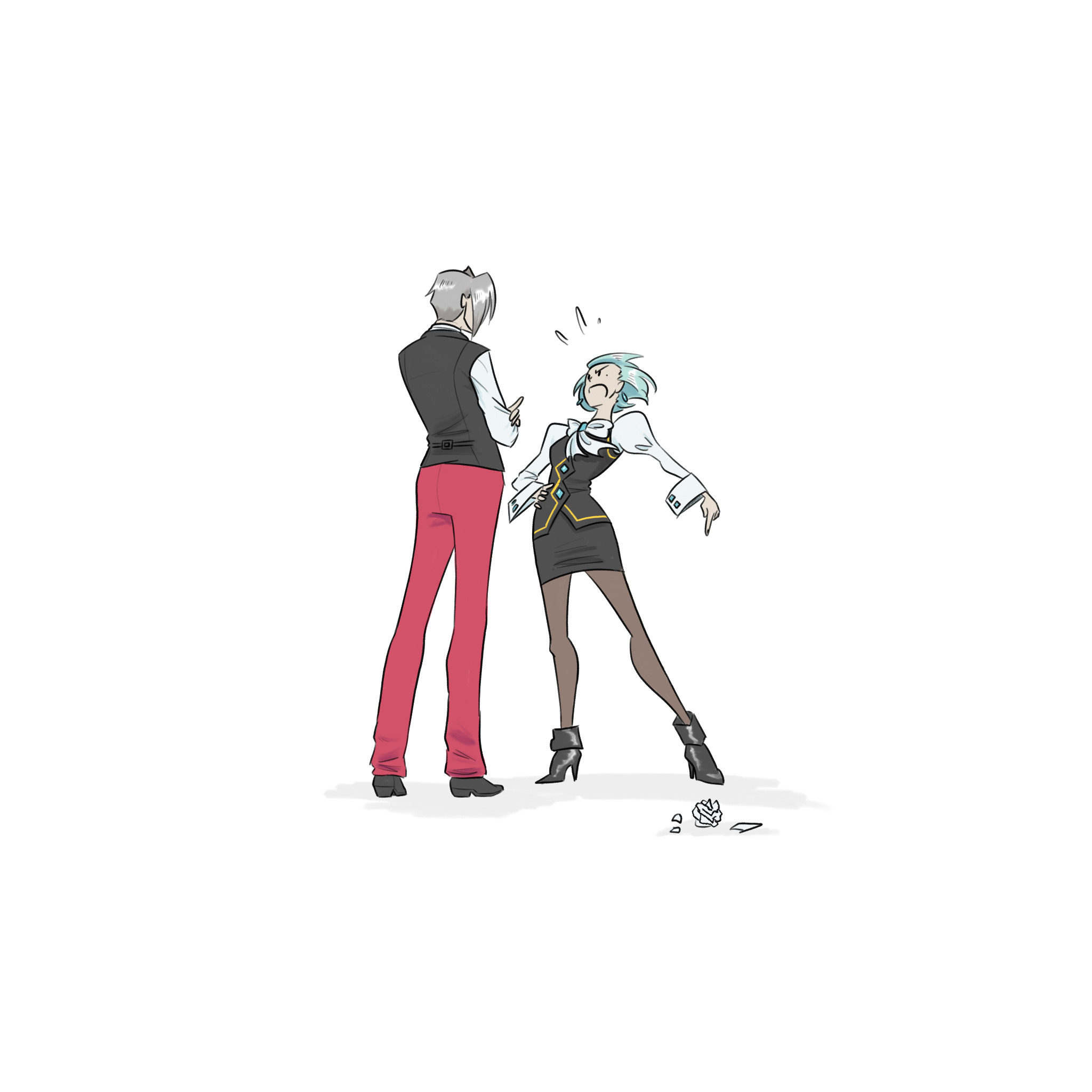 xandrawsthings, franziska von karma, miles edgeworth, ace attorney, 1boy, 1girl, blue hair, grey hair, pants, pink pants, pointing, pointing down, shouting, standing
