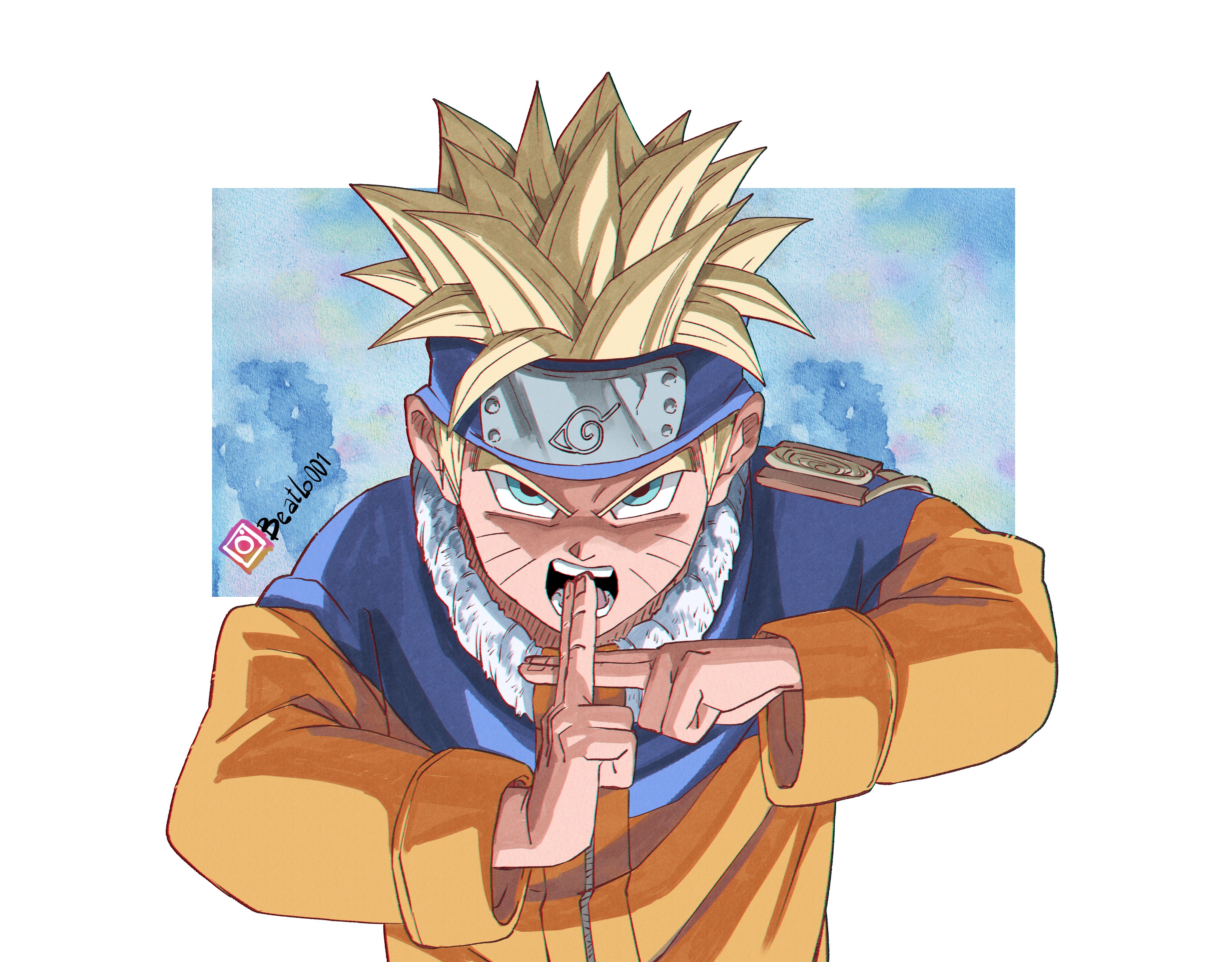 uzumaki naruto, dragon ball, dragonball z, naruto (classic), naruto (series), absurdres, highres, 1boy, beatlo (rodrigo38658978), blonde hair, facial mark, forehead protector, green eyes, jacket, kuji-in, male focus, open mouth, orange jacket, short hair, solo, spiked hair, super saiyan, toriyama akira (style), upper body, whisker markings