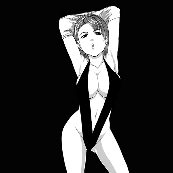 kuruma hajime, original, 1girl, armpits, arms up, breasts, female focus, greyscale, hairband, highleg, highleg one-piece swimsuit, large breasts, monochrome, one-piece swimsuit, short hair, slingshot swimsuit, solo, swimsuit, undressing