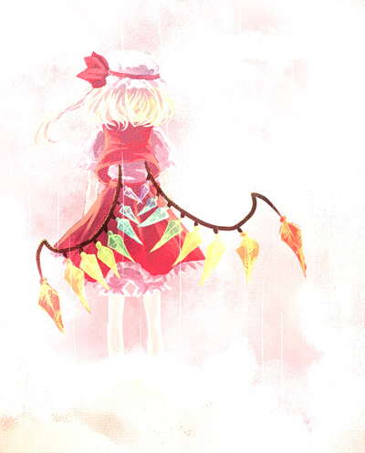 rinka, flandre scarlet, touhou, lowres, 1girl, blonde hair, blouse, dress, female focus, hat, mob cap, ribbon, shirt, solo, white hat, white shirt, wings