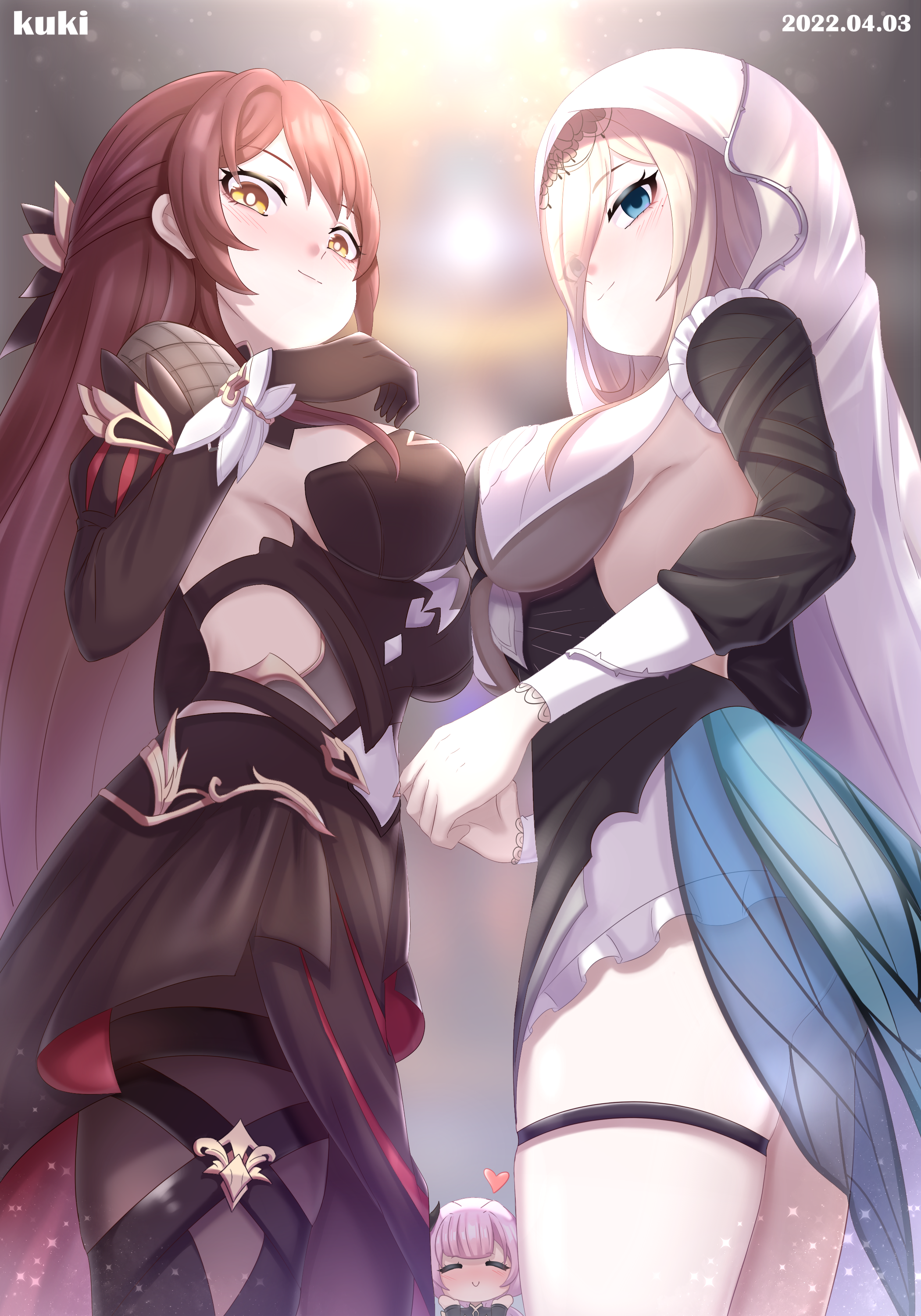 cutescookie, aponia, eden (honkai impact), elysia (honkai impact), elysia (miss pink elf) (honkai impact), honkai (series), honkai impact 3rd, absurdres, commentary request, highres, 3girls, black dress, black gloves, black pantyhose, blonde hair, blue eyes, blush, breast curtains, breasts, brown hair, dress, gloves, heart, large breasts, long hair, multiple girls, nun, pantyhose, pink hair, short hair, smile, thigh strap, thighs, underboob, veil, very long hair, white veil, yellow eyes