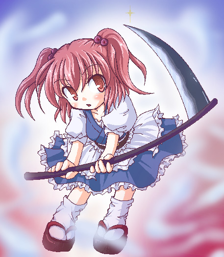 akino mikaku, onozuka komachi, touhou, 1girl, chibi, female focus, scythe, solo