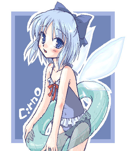 akino mikaku, cirno, touhou, 1girl, female focus, innertube, one-piece swimsuit, solo, swim ring, swimsuit