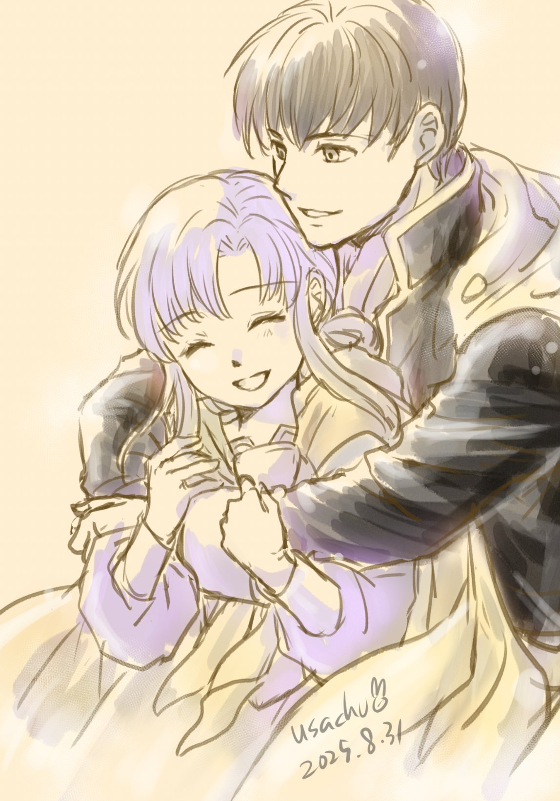 usachu now, ethlyn (fire emblem), quan (fire emblem), fire emblem, fire emblem: genealogy of the holy war, nintendo, commentary request, highres, 1boy, 1girl, closed eyes, couple, dated, grin, happy, hetero, hug, hug from behind, long hair, long sleeves, pale color, short hair, signature, simple background, smile, upper body, white background