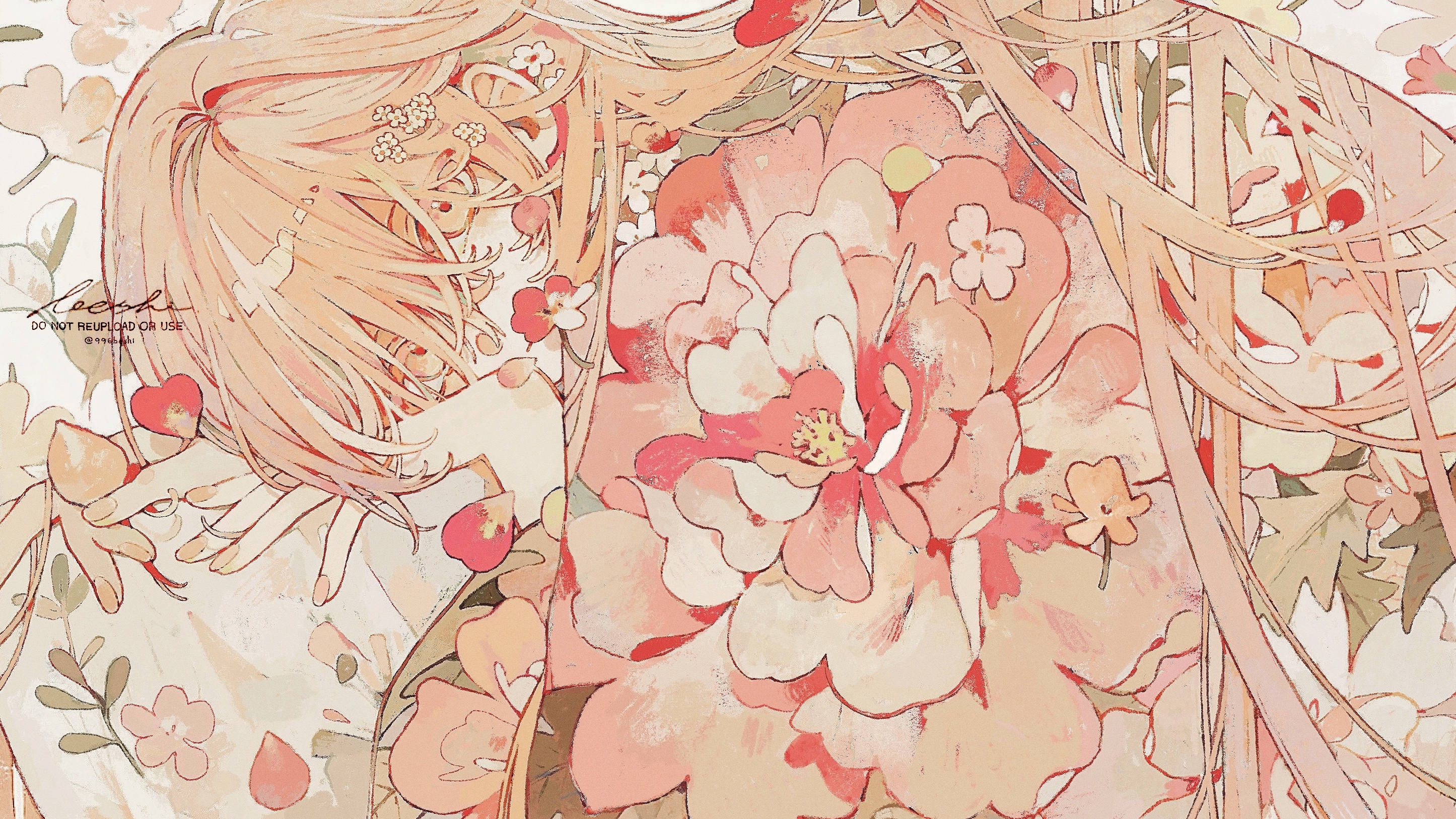 ka (996beshi), original, highres, 1girl, fingernails, flower, holding, holding petal, leaf, long hair, looking at viewer, orange hair, oversized flower, petals, signature, solo