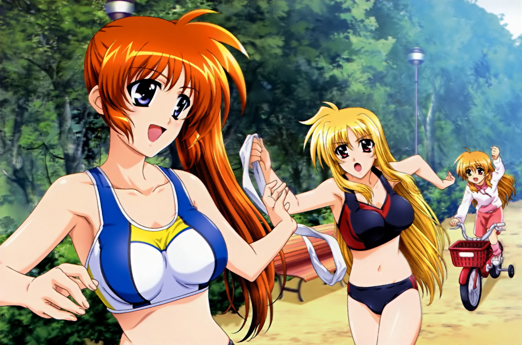 fate testarossa, takamachi nanoha, vivio, lyrical nanoha, mahou shoujo lyrical nanoha, mahou shoujo lyrical nanoha strikers, pink legwear, artist request, highres, 00s, 3girls, :d, :o, ahoge, arm up, armpits, bare shoulders, bench, bicycle, blonde hair, blouse, blue eyes, blurry, breasts, brown eyes, brown hair, buruma, collarbone, day, green eyes, heterochromia, jogging, lamppost, large breasts, long hair, long sleeves, looking at another, looking back, midriff, multiple girls, navel, open mouth, orange hair, outdoors, park, park bench, pink skirt, purple eyes, red eyes, red hair, riding, road, running, shirt, side ponytail, skirt, smile, socks, sports bra, tree, very long hair