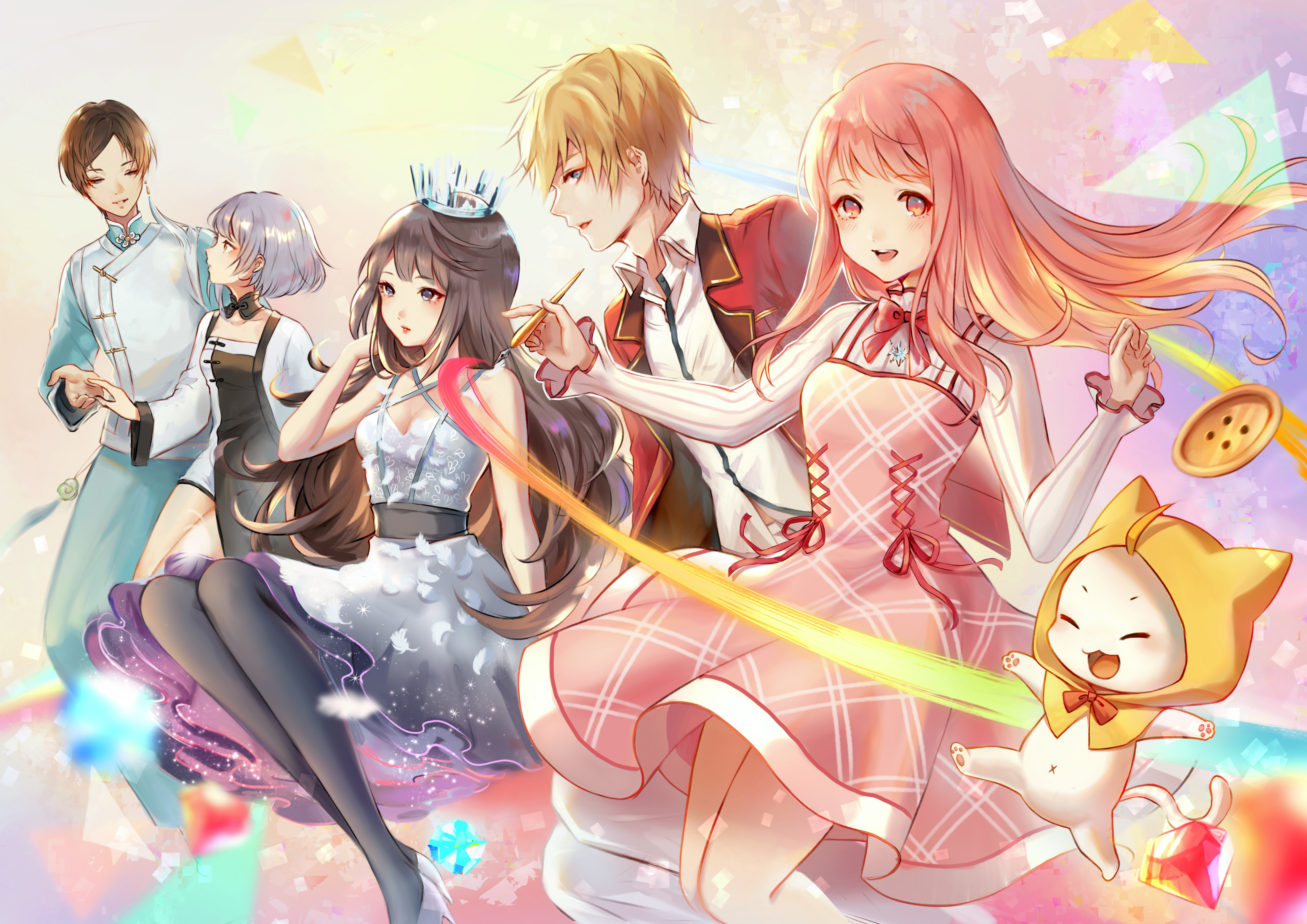 monkeyyan, bloom poetry (shining nikki), lilith (shining nikki), momo (nikki), nikki (nikki), nikki (series), shining nikki, absurdres, highres, 2boys, 3girls, ^ ^, ahoge, animal, aqua hanfu, argyle clothes, argyle dress, bare arms, bare shoulders, black collar, black corset, black dress, black hair, black necktie, black pantyhose, blazer, blonde hair, blue crown, blue eyes, blue gemstone, bow, bowtie, brown eyes, brown hair, cat, chinese clothes, cloak, closed eyes, clothed animal, collar, collared jacket, collared shirt, colorful background, corset, cowboy shot, criss-cross straps, cross-laced clothes, cross-laced dress, crown, detached collar, diamond (gemstone), dress, dress ribbon, ear covers, expressionless, feathers, floating clothes, floating hair, frilled shirt collar, frilled sleeves, frills, full body, gem, grey hair, hand in own hair, hanfu, happy, high heels, holding, holding paintbrush, hood, hood up, hooded cloak, jacket, lapels, light blush, light particles, loen (shining nikki), long hair, long sleeves, loose hair strand, mandarin collar, marking on cheek, medium dress, military uniform, multiple boys, multiple girls, navel, necktie, notched lapels, offering hand, offering hand to another, open clothes, open jacket, open mouth, outstretched hand, paintbrush, pantyhose, parted lips, petticoat, pinafore dress, pink dress, pink hair, pleated dress, qin yi, red bow, red bowtie, red gemstone, red jacket, red ribbon, ribbon, shirt, shoes, short dress, short hair, short hair with long locks, side slit, sidelocks, single sidelock, sitting, sleeveless, sleeveless dress, sleeves past wrists, smile, snowflake necklace, striped clothes, striped shirt, tareme, teeth, traditional bowtie, triangle, two-tone dress, upper teeth only, vertical-striped clothes, vertical-striped shirt, very long hair, vest, white cat, white dress, white shirt, white shoes, white vest, yellow cloak, yexiao (shining nikki)