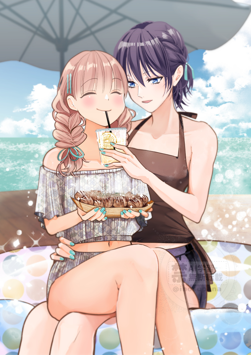 kajii supana, original, commentary request, 2girls, bare legs, beach umbrella, black skirt, blue eyes, blue nails, braid, brown hair, brown shirt, closed eyes, closed mouth, cloud, day, drinking straw, drinking straw in mouth, food, grey shirt, grey shorts, hand on another's waist, holding, innertube, multiple girls, ocean, outdoors, parted lips, purple hair, shirt, short hair, shorts, sitting, sitting on lap, sitting on person, skirt, smile, swim ring, takoyaki, twin braids, umbrella, yuri