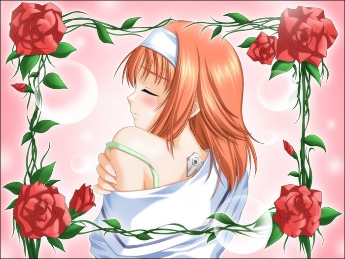 nanao naru, amakase miharu, da capo, da capo i, game cg, 00s, 1girl, blush, closed eyes, female focus, flower, from behind, hairband, open clothes, open shirt, orange hair, profile, red flower, red rose, rose, shirt, solo, strap slip, upper body