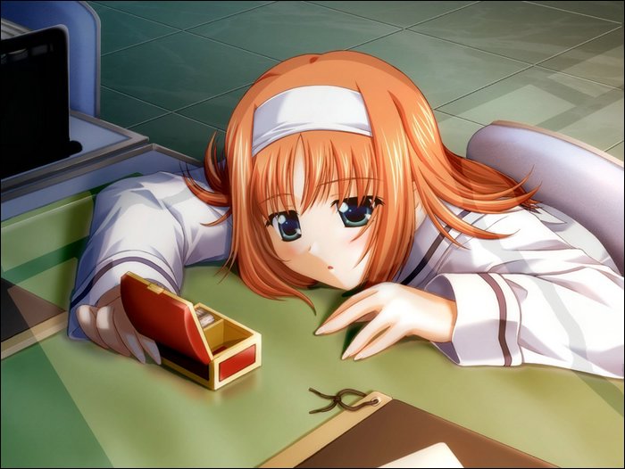 nanao naru, amakase miharu, da capo, da capo i, game cg, 00s, 1girl, blue eyes, blush, desk, female focus, long sleeves, orange hair, school uniform, serafuku, shirt, short hair, sitting, solo, treasure chest, upper body, white shirt