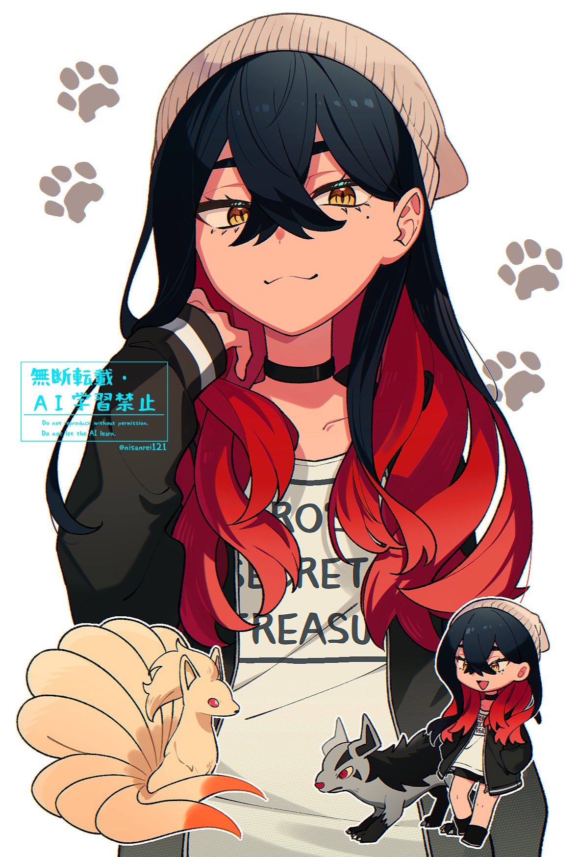 nisanrei121, carmine (pokemon), mightyena, ninetales, nintendo, pokemon, pokemon sv, highres, 1girl, :d, alternate costume, black choker, black hair, black jacket, black shorts, chibi, chibi inset, choker, closed mouth, colored inner hair, crossed bangs, gen 1 pokemon, gen 3 pokemon, hair between eyes, hand in pocket, jacket, long sleeves, looking at viewer, mole, mole under eye, multicolored hair, open clothes, open jacket, open mouth, paw print, pokemon (creature), red hair, shirt, shorts, smile, two-tone hair, white background, white shirt, yellow eyes