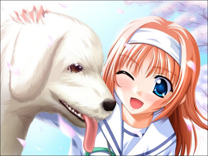 nanao naru, amakase miharu, da capo, da capo i, game cg, 00s, 1girl, dog, female focus, petals, school uniform, serafuku, solo