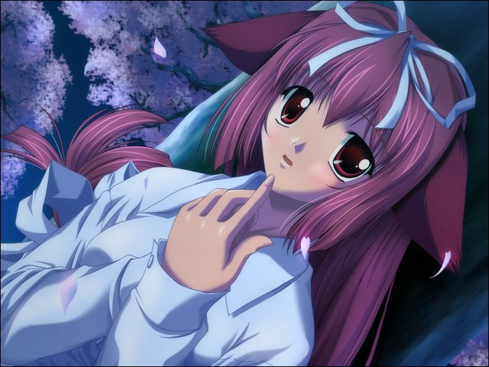 nanao naru, sagisawa yoriko, da capo, da capo i, game cg, 00s, 1girl, :d, blush, female focus, finger to mouth, hair flaps, long hair, looking at viewer, nightgown, open mouth, purple hair, red eyes, ribbon, smile, solo, very long hair