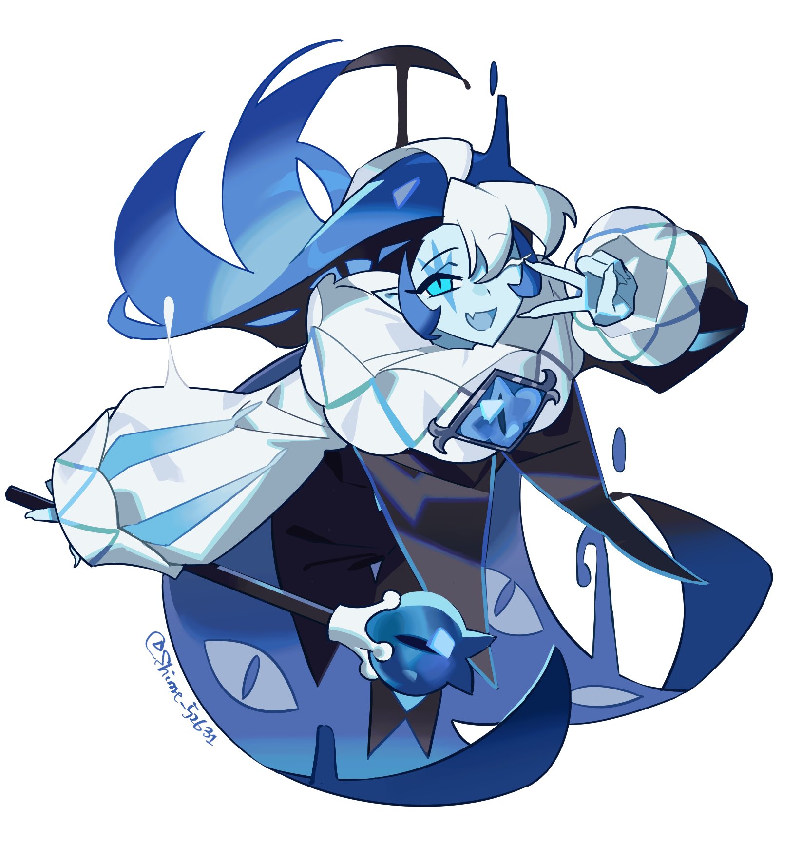 shime52631, shadow milk cookie, cookie run, cookie run: kingdom, highres, 1boy, ;d, ahoge, arm at side, bent over, blue eyes, blue gemstone, blue hair, blue skin, colored eyelashes, colored skin, cropped legs, facial mark, fang, fingernails, gem, hand up, holding, holding staff, humanization, long hair, long sleeves, looking at viewer, male focus, mismatched eyelashes, neck ruff, one eye closed, open mouth, puffy long sleeves, puffy sleeves, shirt, simple background, skin fang, smile, solo, staff, tongue, v, v over eye, white background, white eyelashes, white hair, white shirt