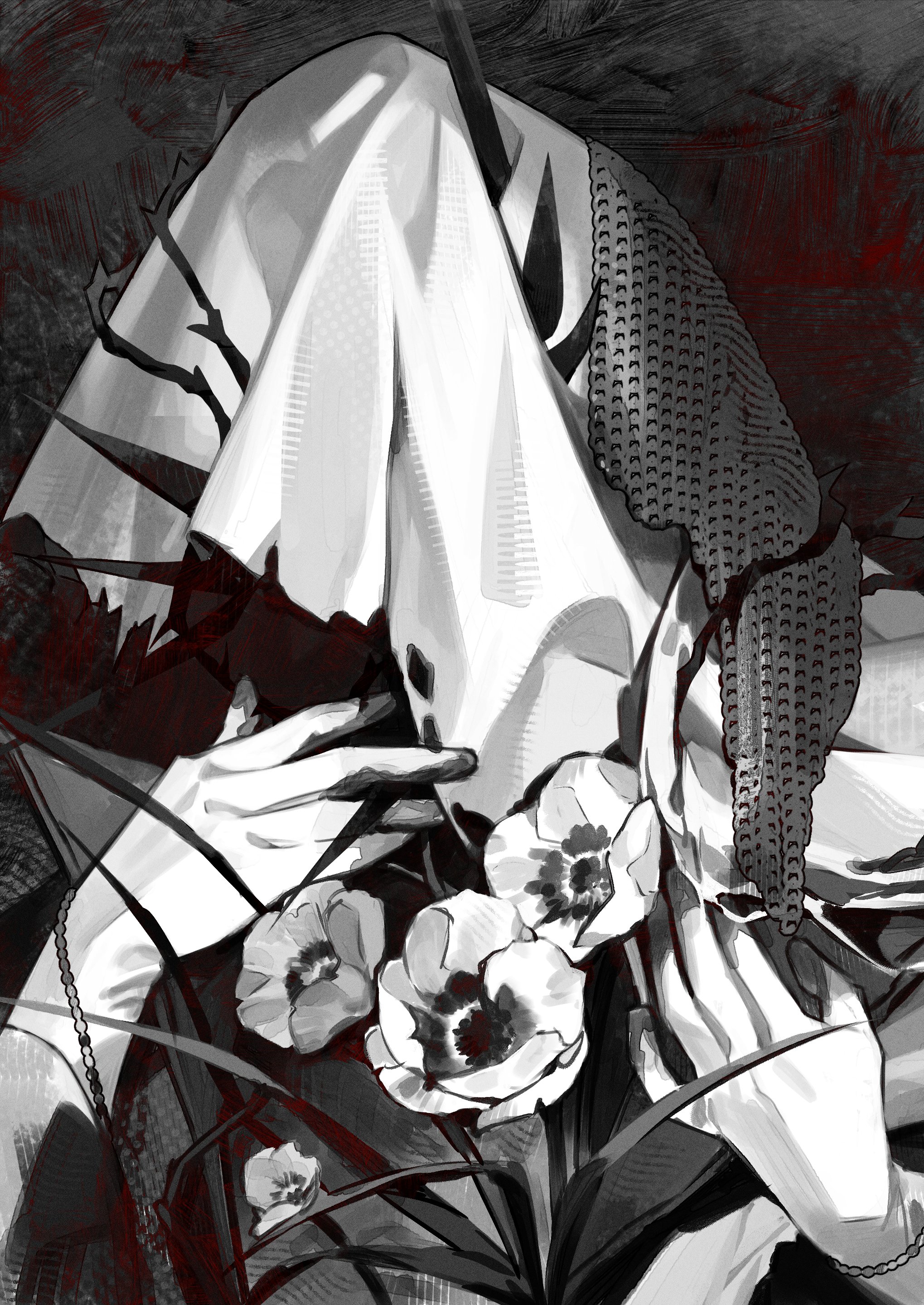 cheongdan t, reverse:1999, absurdres, highres, 1boy, charon (reverse:1999), coat, covered face, dark background, flower, gloves, greyscale, hands up, male focus, monochrome, poppy (flower), solo, upper body, veil