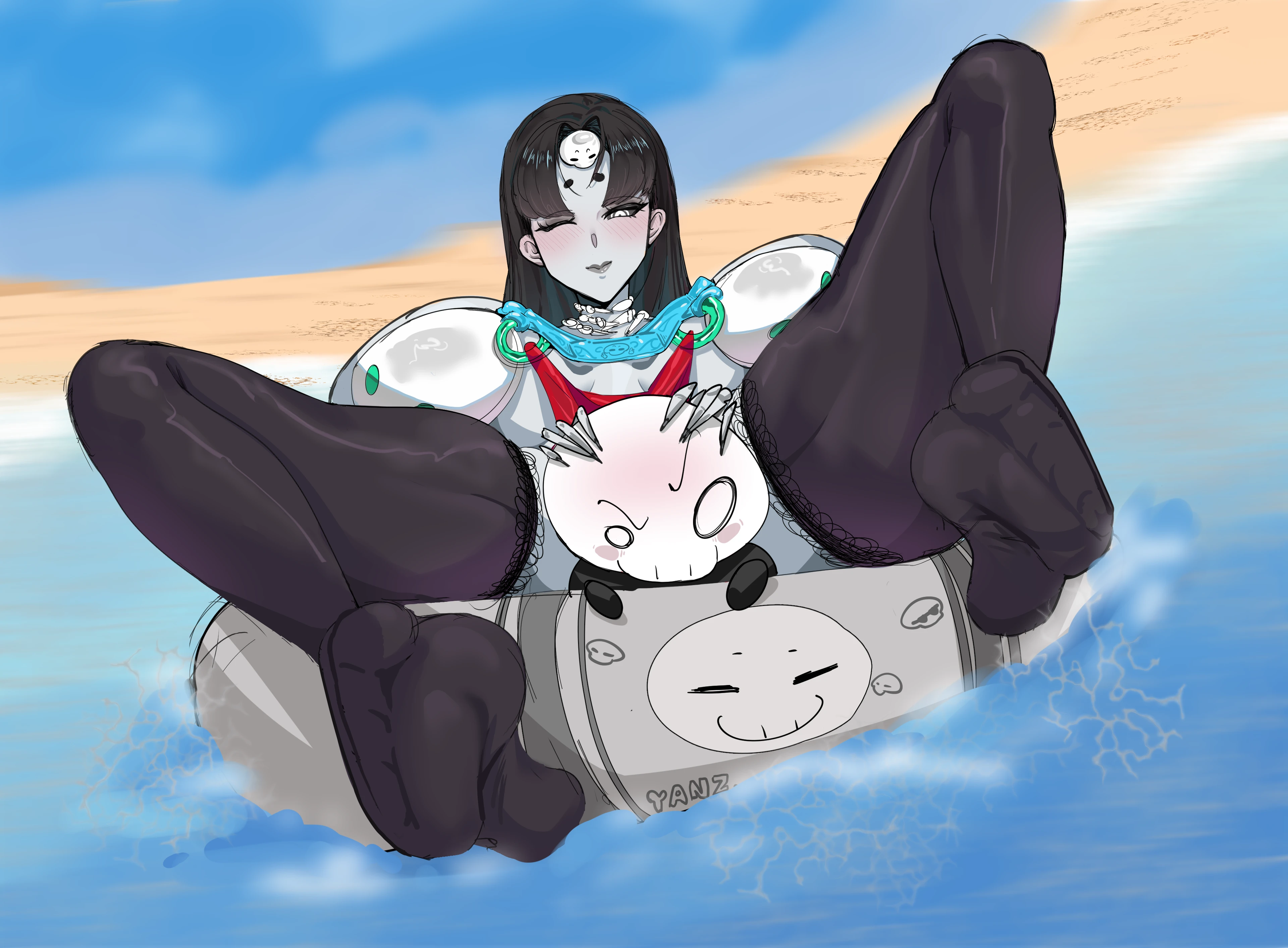 yanz2, highres, 1girl, beach, black hair, blush, breasts, colored skin, extra eyes, feet, innertube, long hair, no shoes, ocean, one eye closed, smile, soles, spread legs, swim ring, thighhighs, toes, water